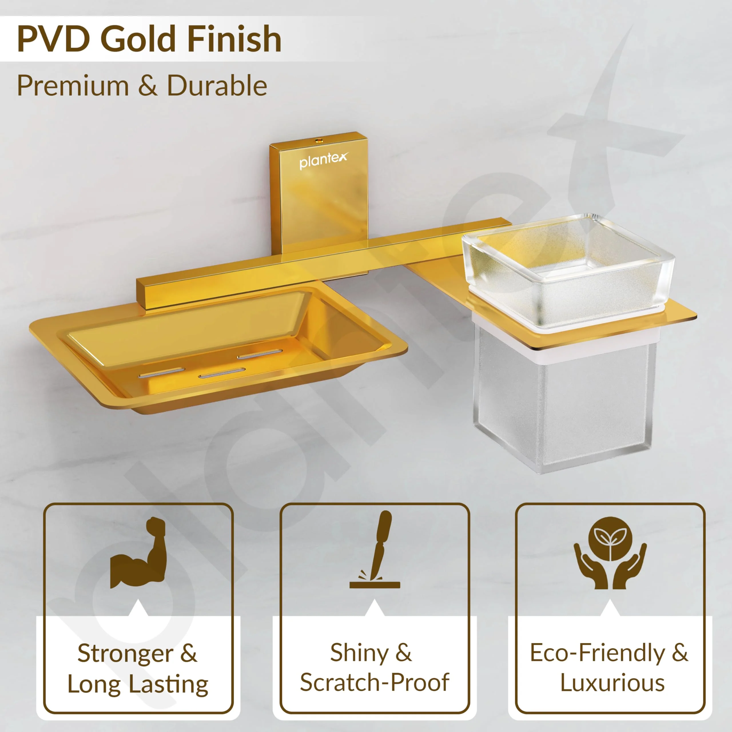 Plantex 304 Grade Stainless Steel Soap Dish with Glass Toothbrush Holder/Soap Stand/Soap Case with Tumbler/Bathroom Accessories - Pack of 1 (Crystal, PVD Gold) - Image 5