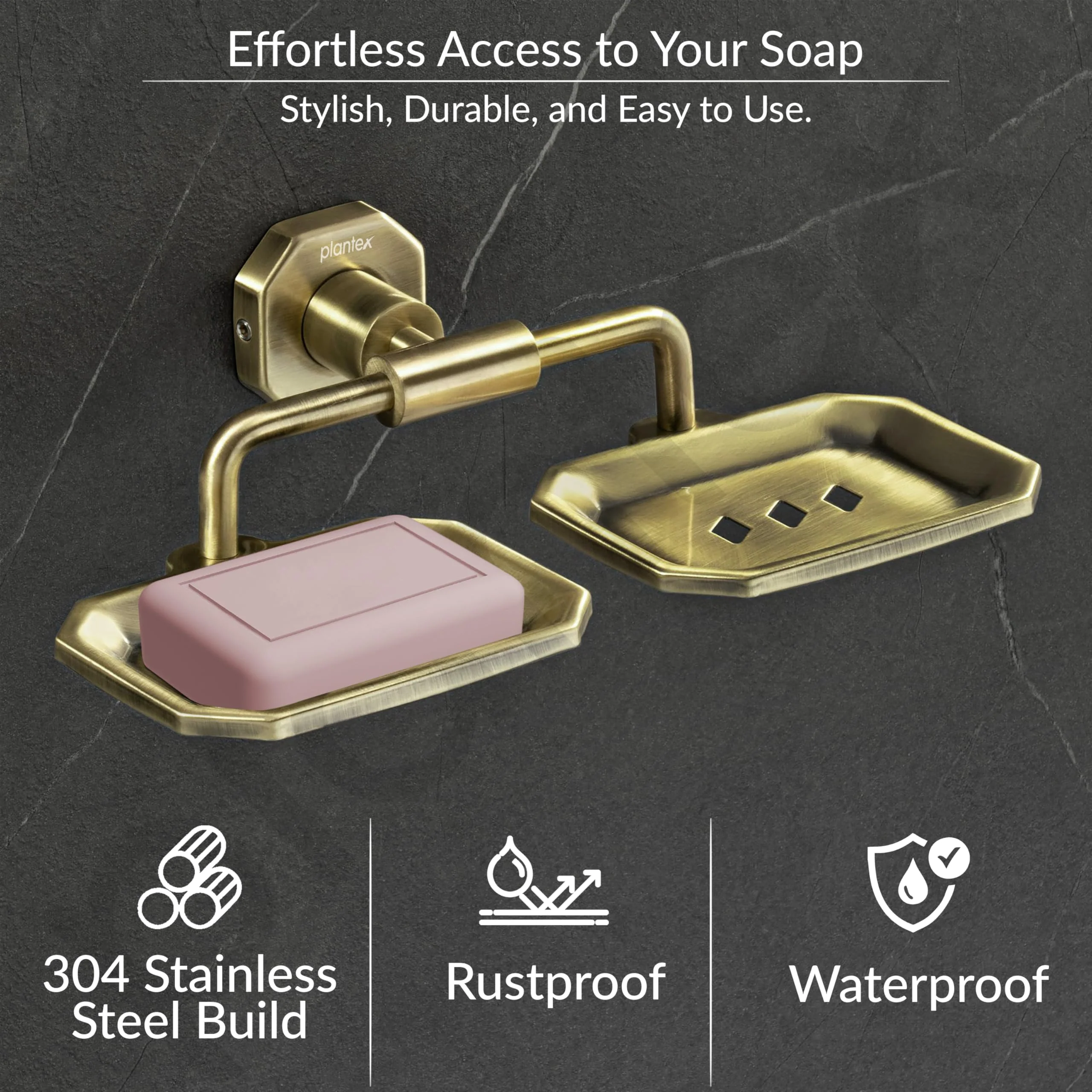 Plantex 304 Grade Stainless Steel Soap Holder for Bathroom/Double Soap Dish/Soap Stand for Kitchen Sink/Bathroom Accessories- Nipron (Brass Antique) - Image 2