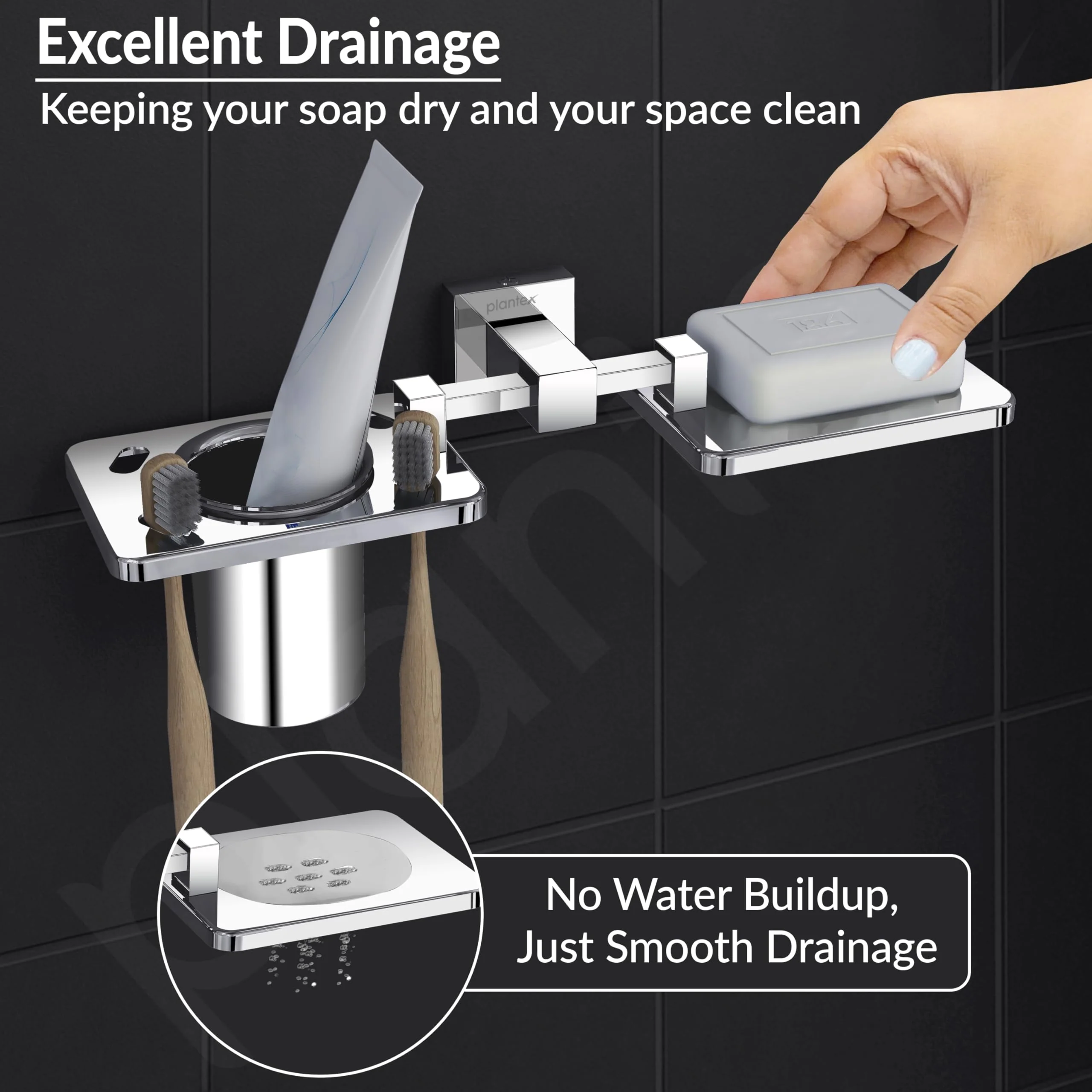 Plantex 304 Grade Stainless Steel Splash Soap and Brush Holder/Soap Dish/Toothbrush Holder/Bathroom Accessories - Chrome - Image 7