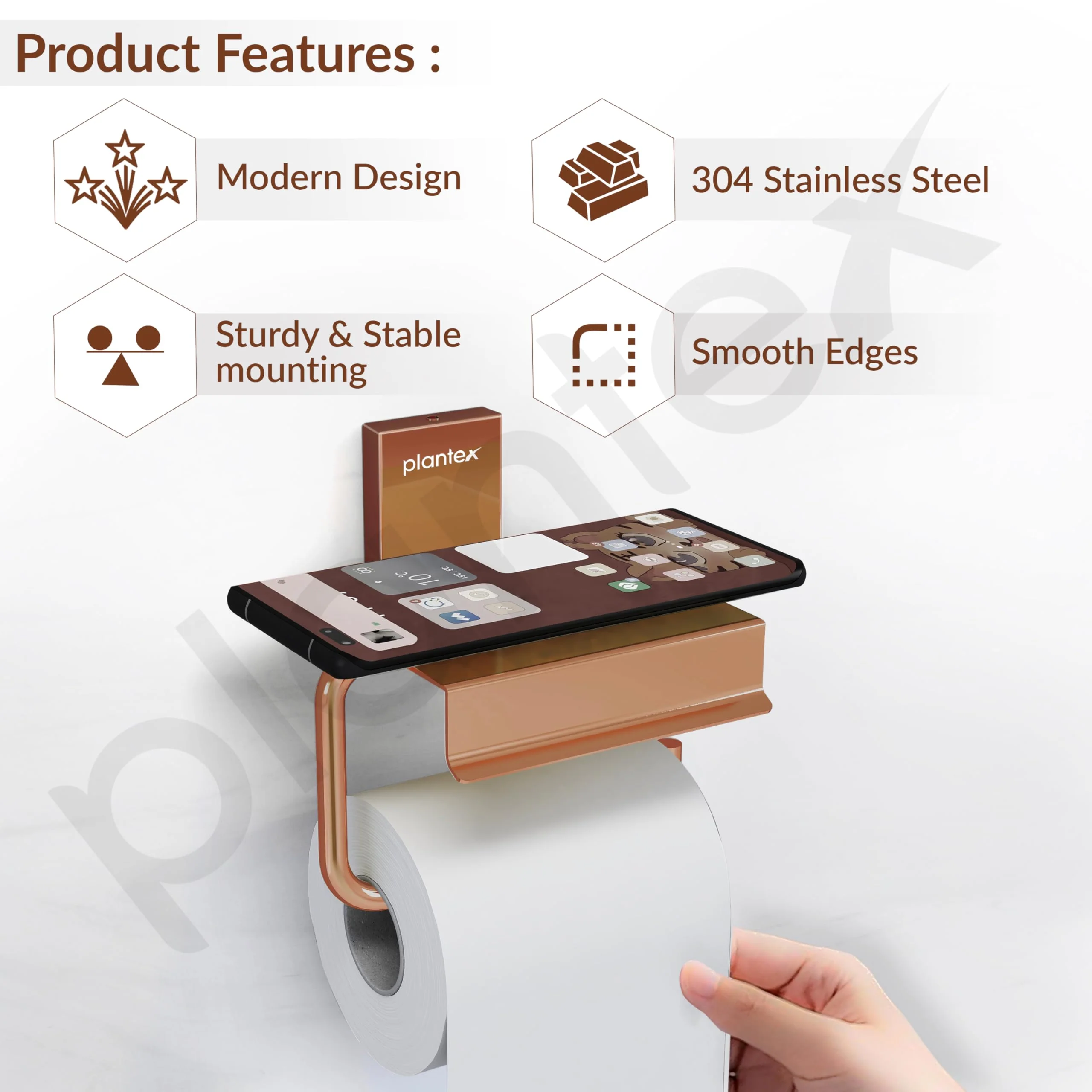 Plantex 304 Grade Stainless Steel Stylish and Durable Toilet Paper Stand/Bathroom Tissue Paper Holder with Mobile Stand/Bathroom Accessories (Crystal,PVD Rose Gold) - Image 2
