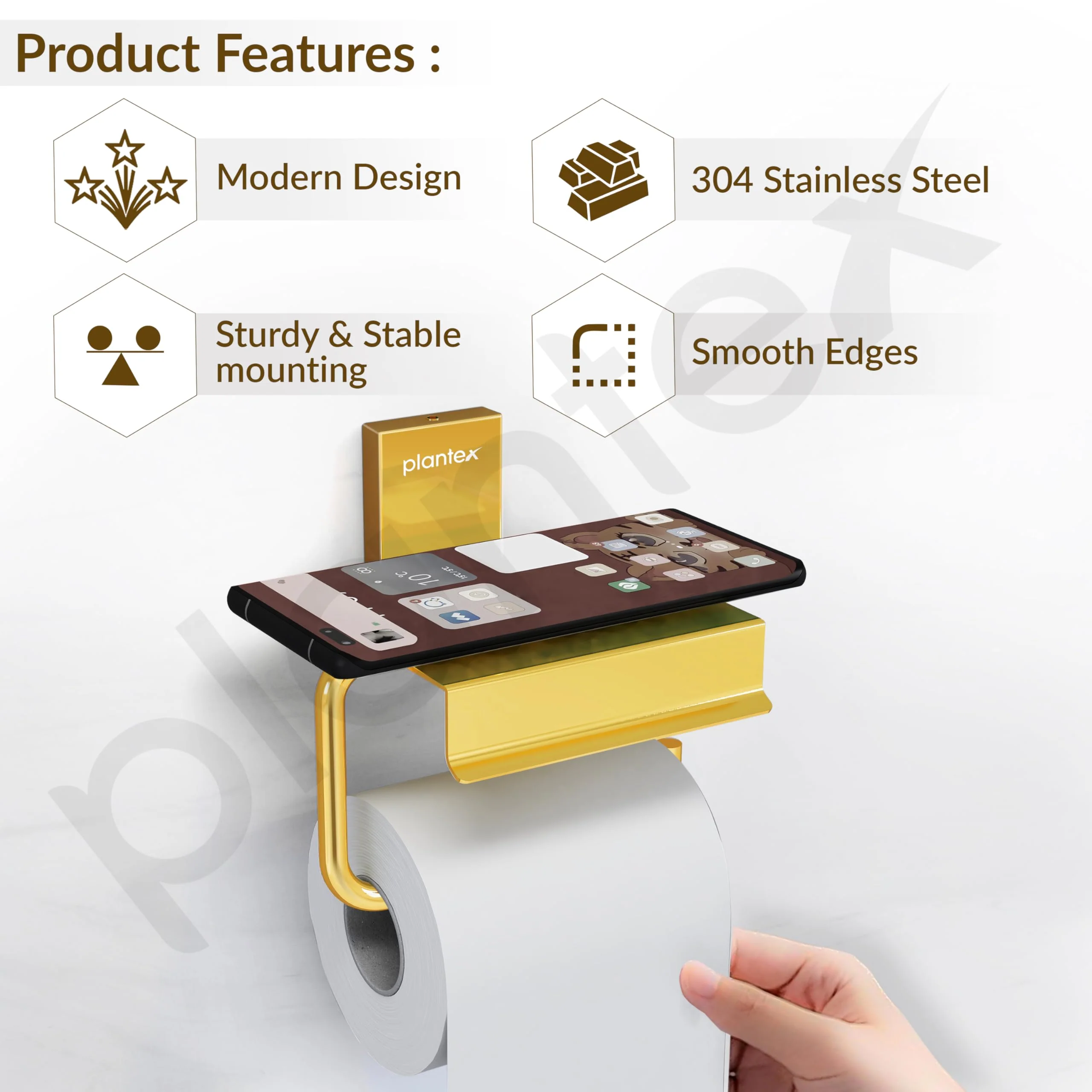 Plantex 304 Grade Stainless Steel Tissue Paper Roll Holder/Toilet Tissue Holder with Mobile Stand/Bathroom Accessories (Crystal, PVD Gold) - Image 2
