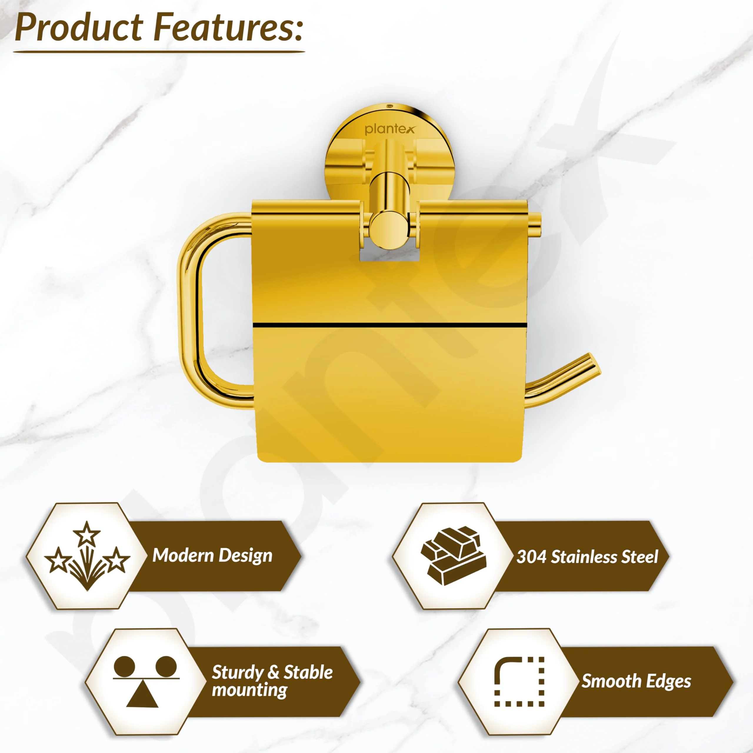 Plantex 304 Grade Stainless Steel Toilet Paper Roll Holder for Bathroom/Toilet Paper Holder/Tissue Paper Roll Holder for Bathroom Accessories - Oreo (Gold) - Image 2