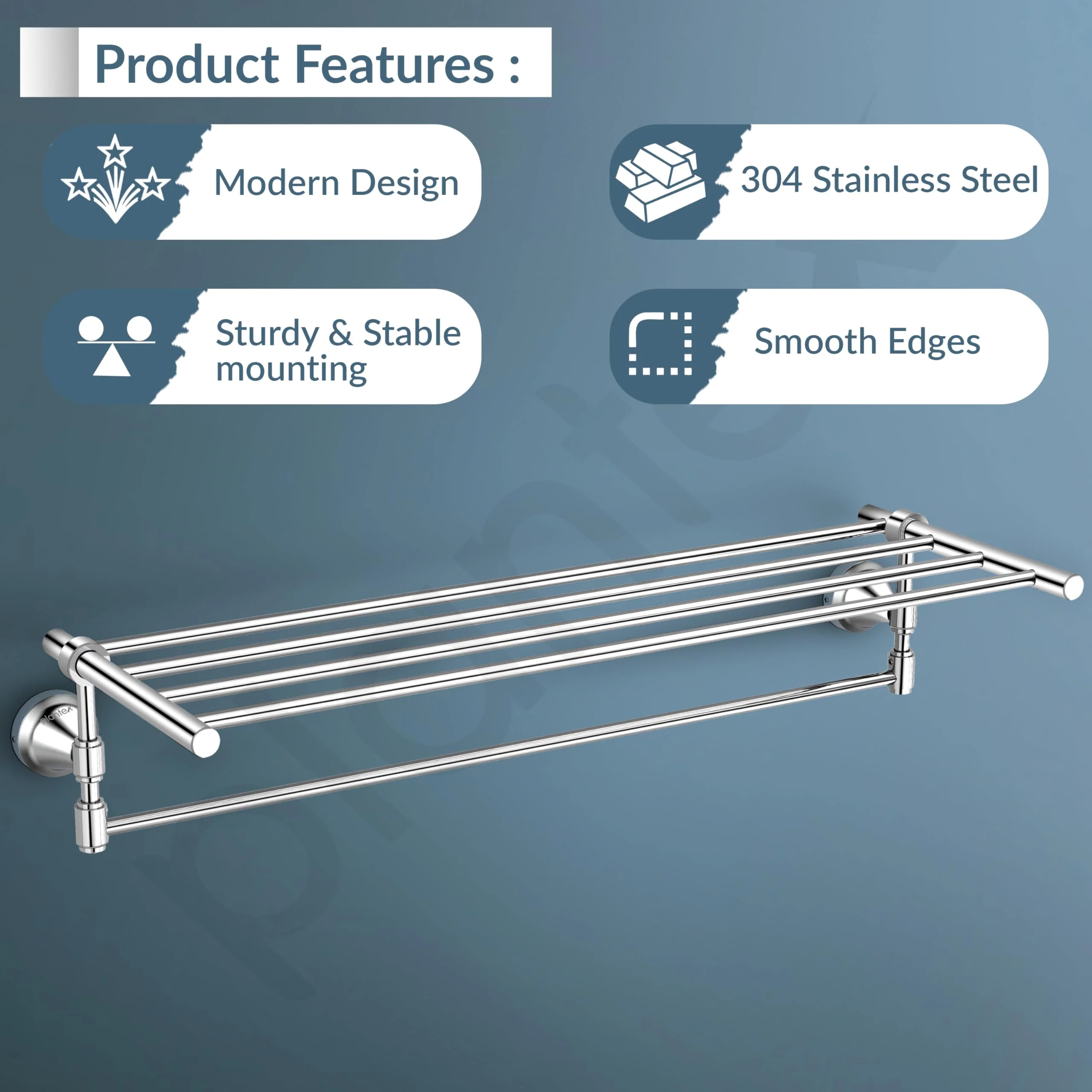 Plantex 304 Grade Stainless Steel Towel Rack for Bathroom/Towel Stand/Hanger/Bathroom Accessories - Niko (24 Inch-Chrome) - Image 2