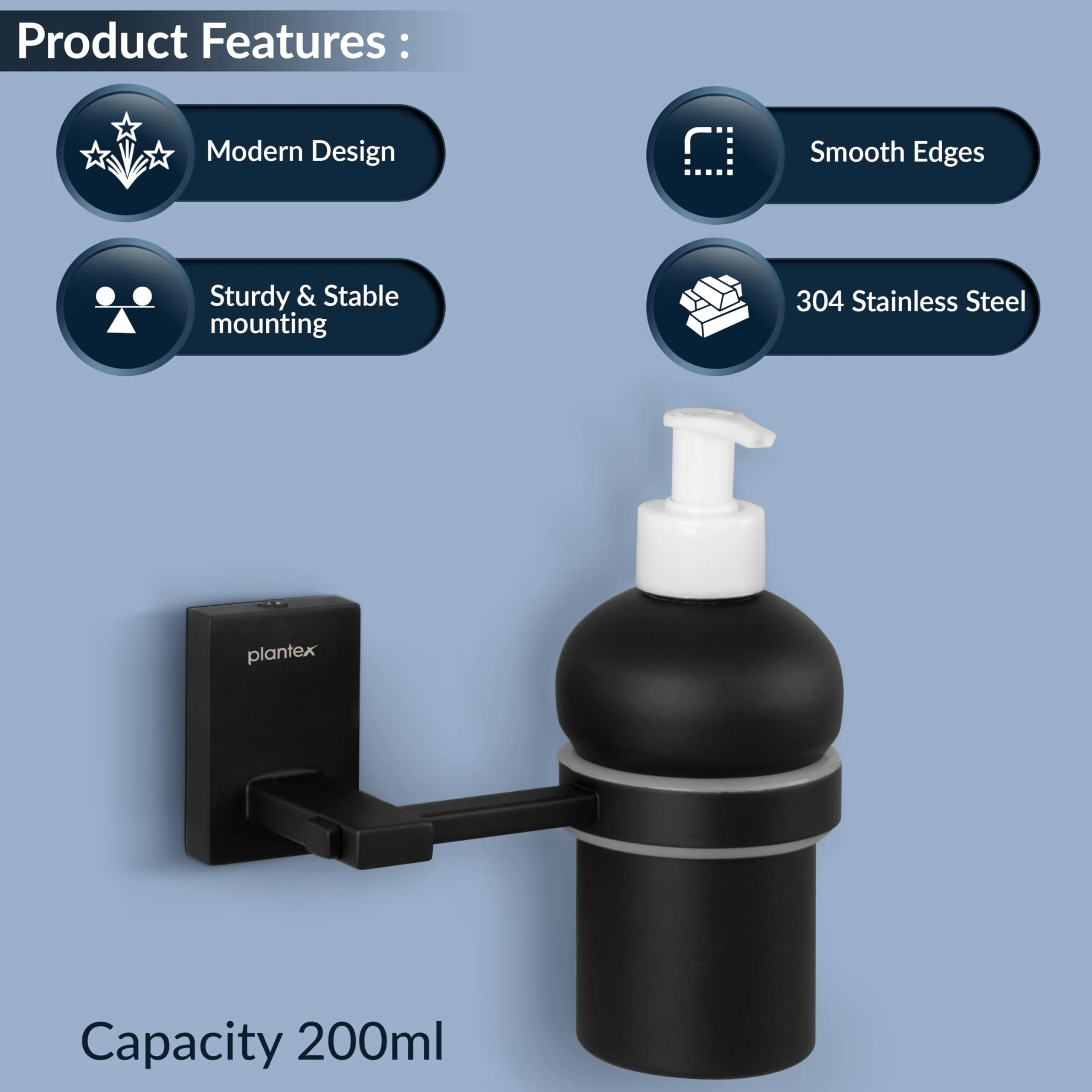 Plantex 304 Grade Stainless Steel Wash Basin Hand Wash Holder and Dispenser for Liquid Soap for Bathroom Accessories - Senso (Black) - Image 2