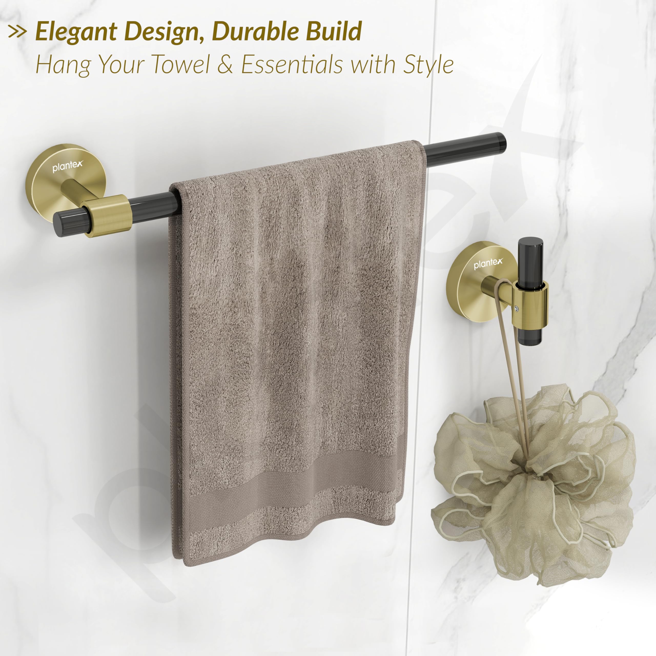 Plantex 304 Stainless Steel and Acrylic Bathroom Set/Glass Soap Holder & Tumbler Holder/Towel Rod/Napkin Holder/Robe Hook/Bathroom Accessories - Set of 5 (Black & Gold) - Image 5