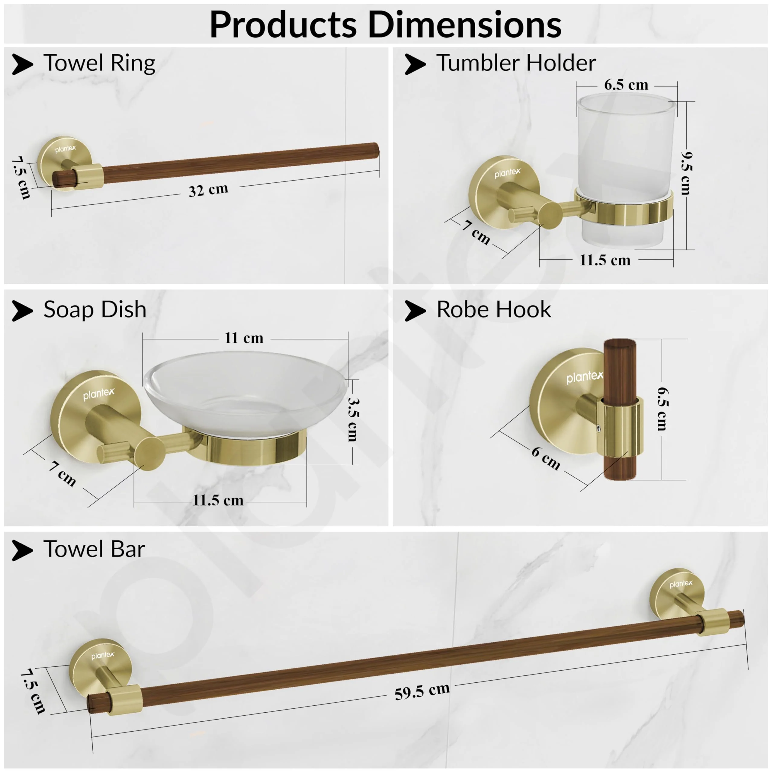 Plantex 304 Stainless Steel and Wood Bathroom Set/Glass Soap Holder & Tumbler Holder/Towel Rod/Napkin Hanger for Washbasin/Robe Hook/Bathroom Accessories - Set of 5 (Gold & Wood) - Image 3