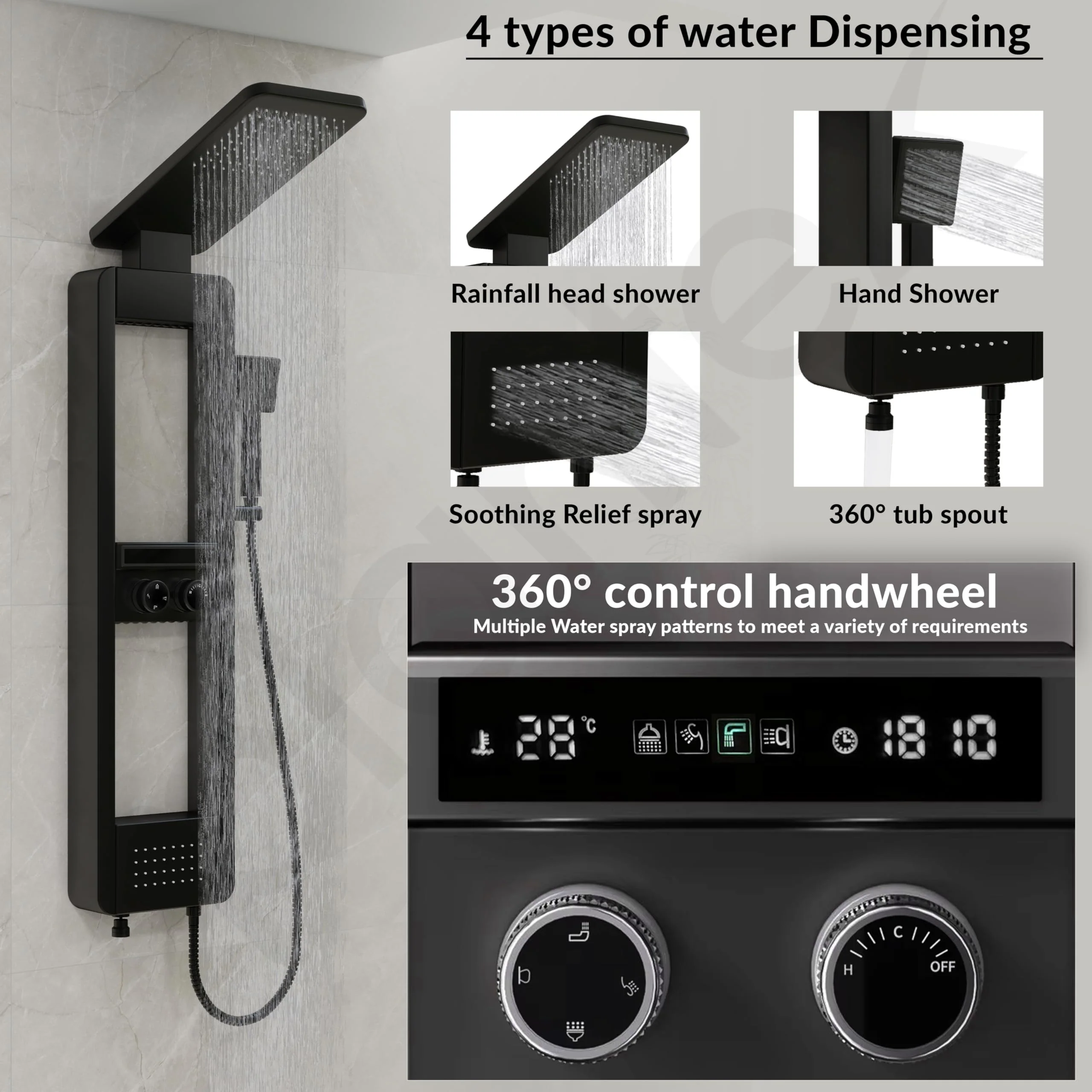 Plantex 304 Stainless Steel LED Bathroom Shower System/Majestic Flow Shower Panel for Bathroom Full Set with Smart Digital Display- (Rich Black, KM-8103B) - Image 4