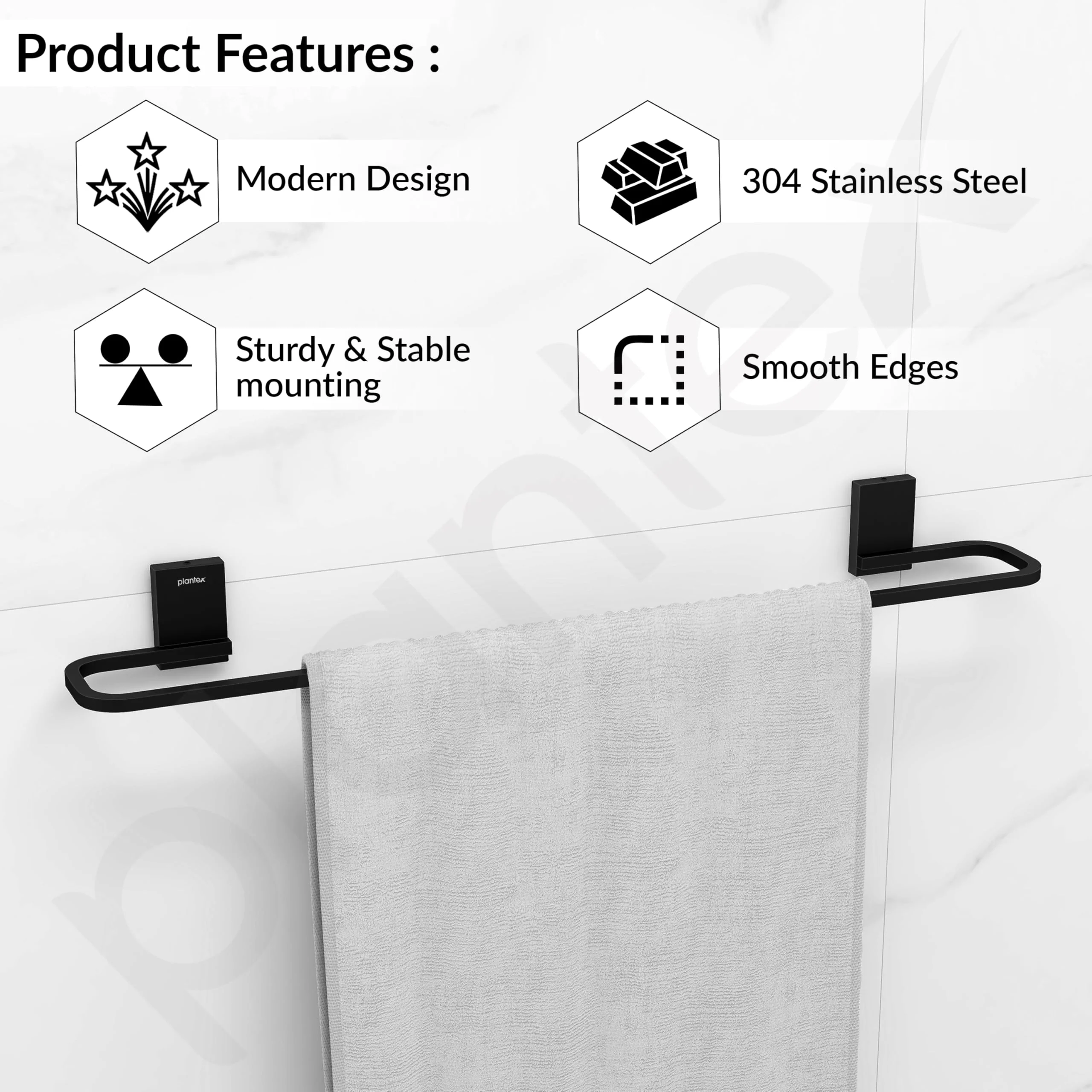 Plantex 304 Stainless Steel Single Towel Rod for Bathroom/Cloth Hanger for Wall/Bathroom Towel Hanger/Bathroom Accessories - Crystal (Black) - Image 2