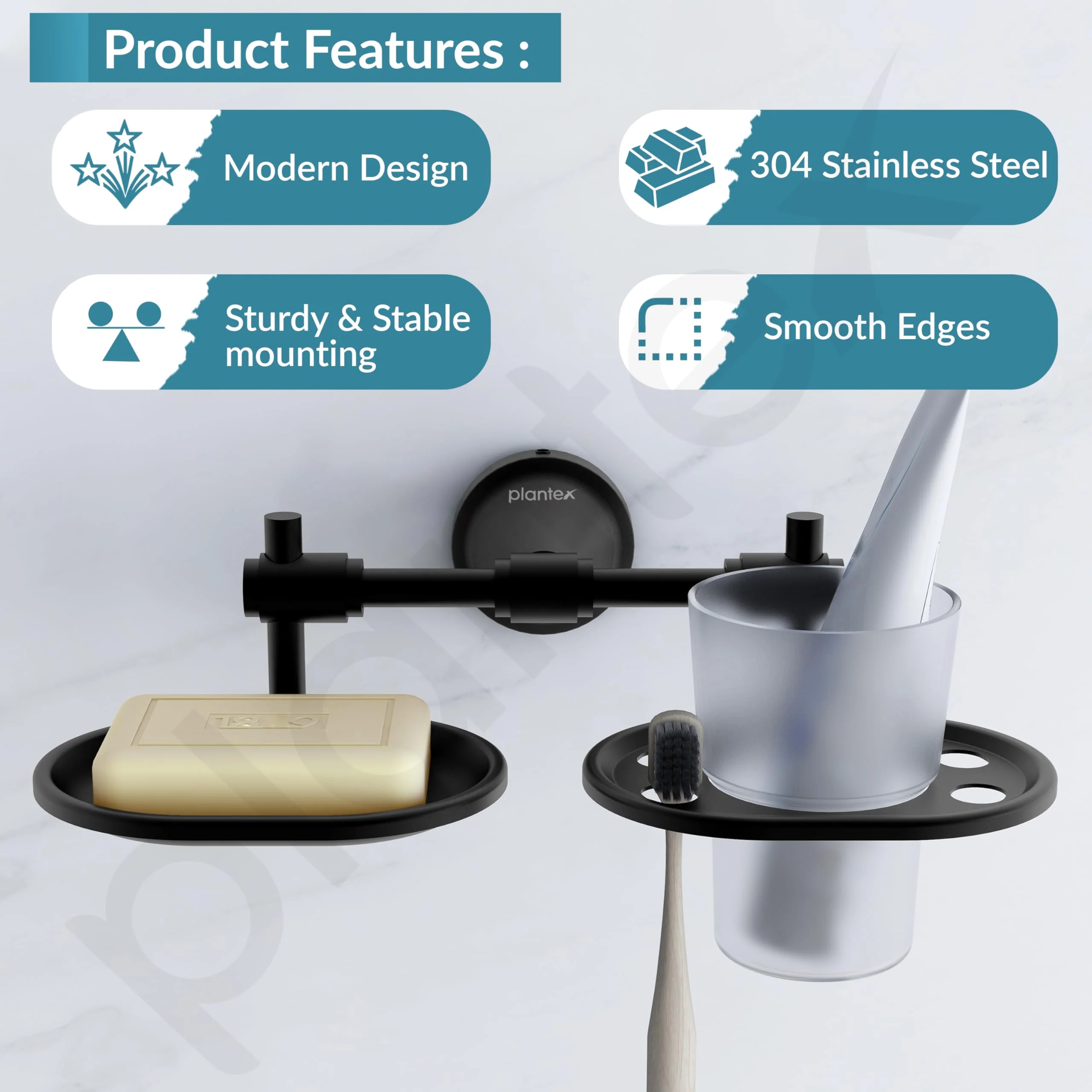 Plantex 304 Stainless Steel Soap with Tumbler Holder/Soap Stand/Soap Holder/Tooth Brush Holder/Bathroom Accessories (Niko - Black) - Image 2