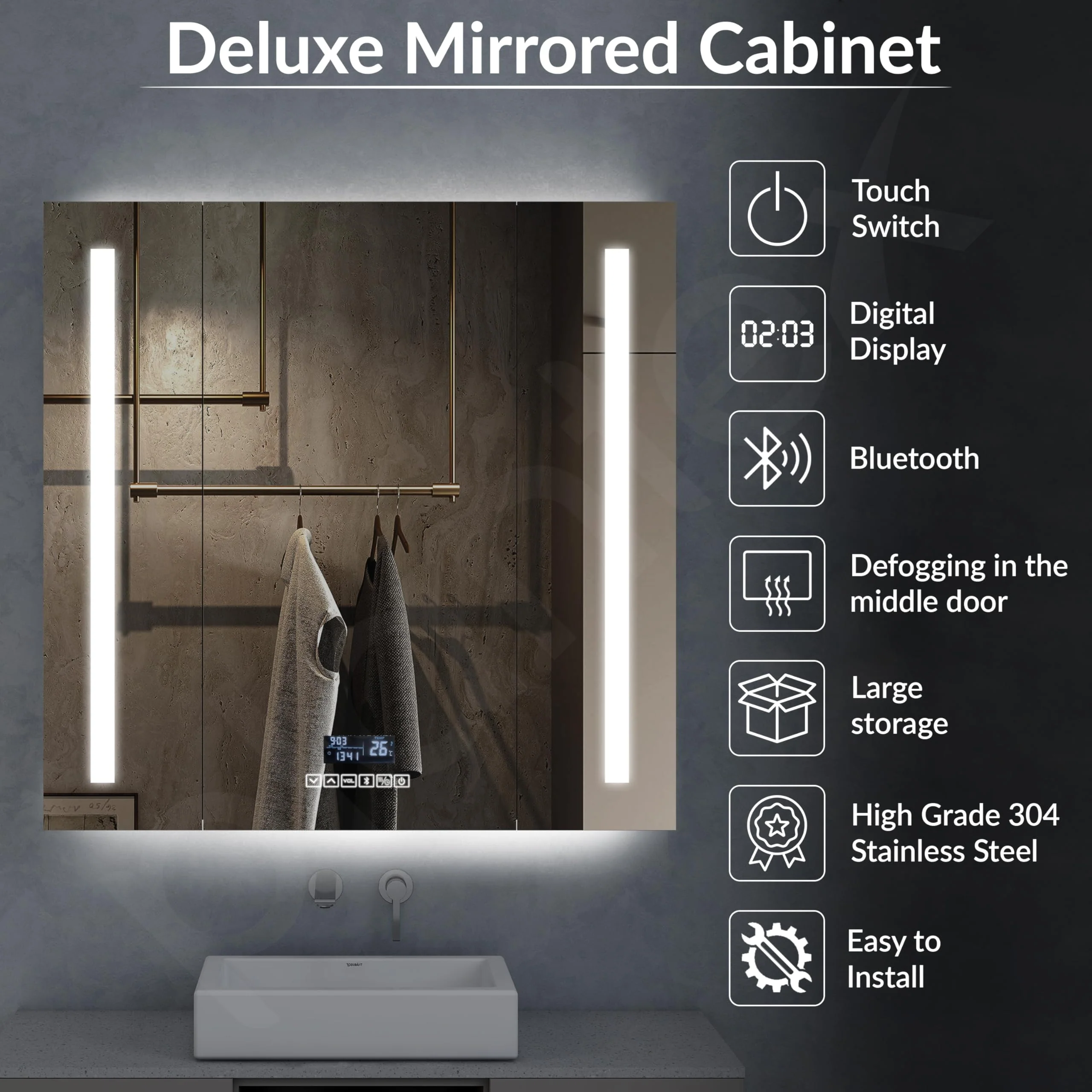 Plantex 32x32 Inch LED Bathroom Mirror Cabinet/SS-304 Grade Luxury Bathroom Organizer with Defogger,Bluetooth & Digital Display/Chrome/Triple Door Bathroom Cabinet - Image 2