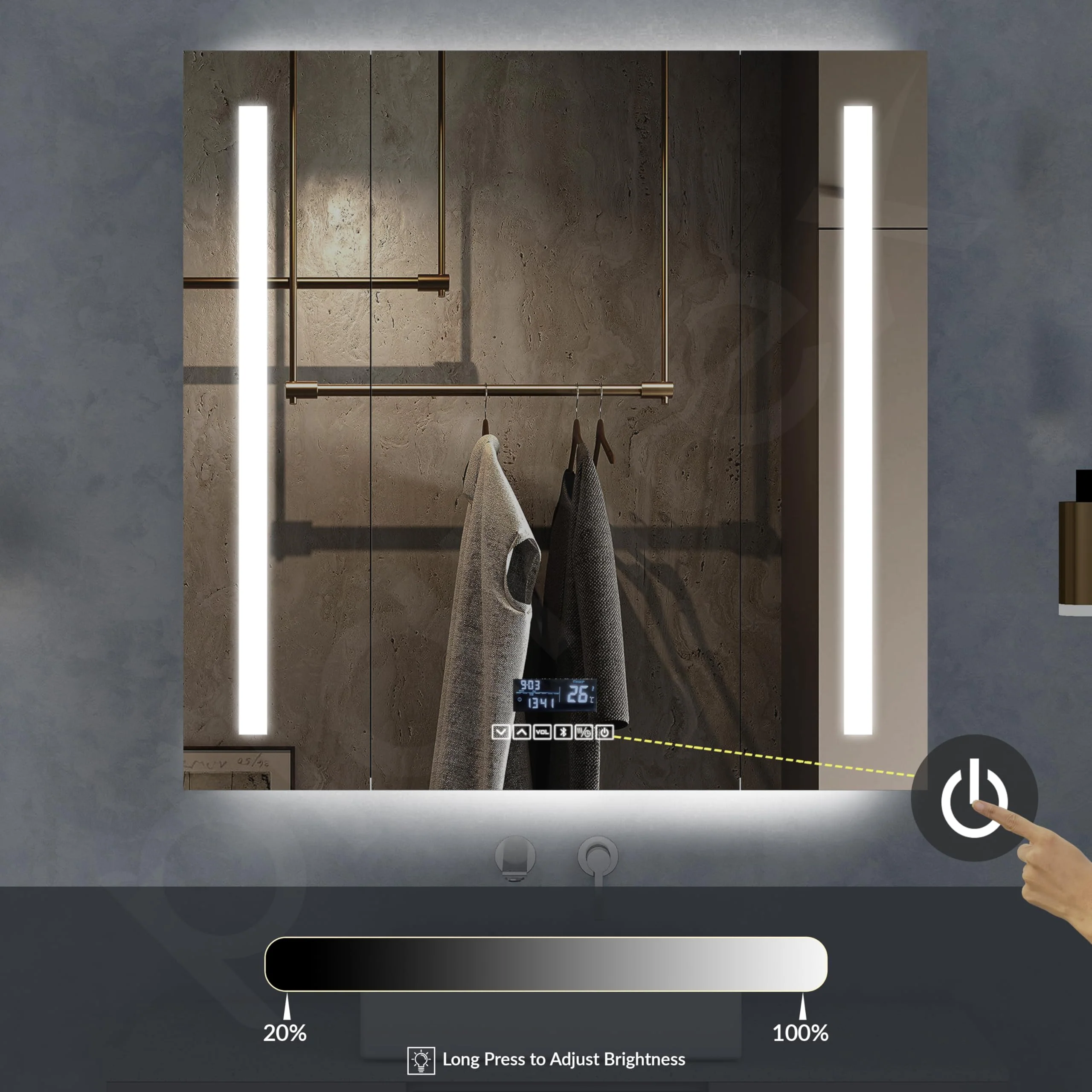 Plantex 32x32 Inch LED Bathroom Mirror Cabinet/SS-304 Grade Luxury Bathroom Organizer with Defogger,Bluetooth & Digital Display/Chrome/Triple Door Bathroom Cabinet - Image 6