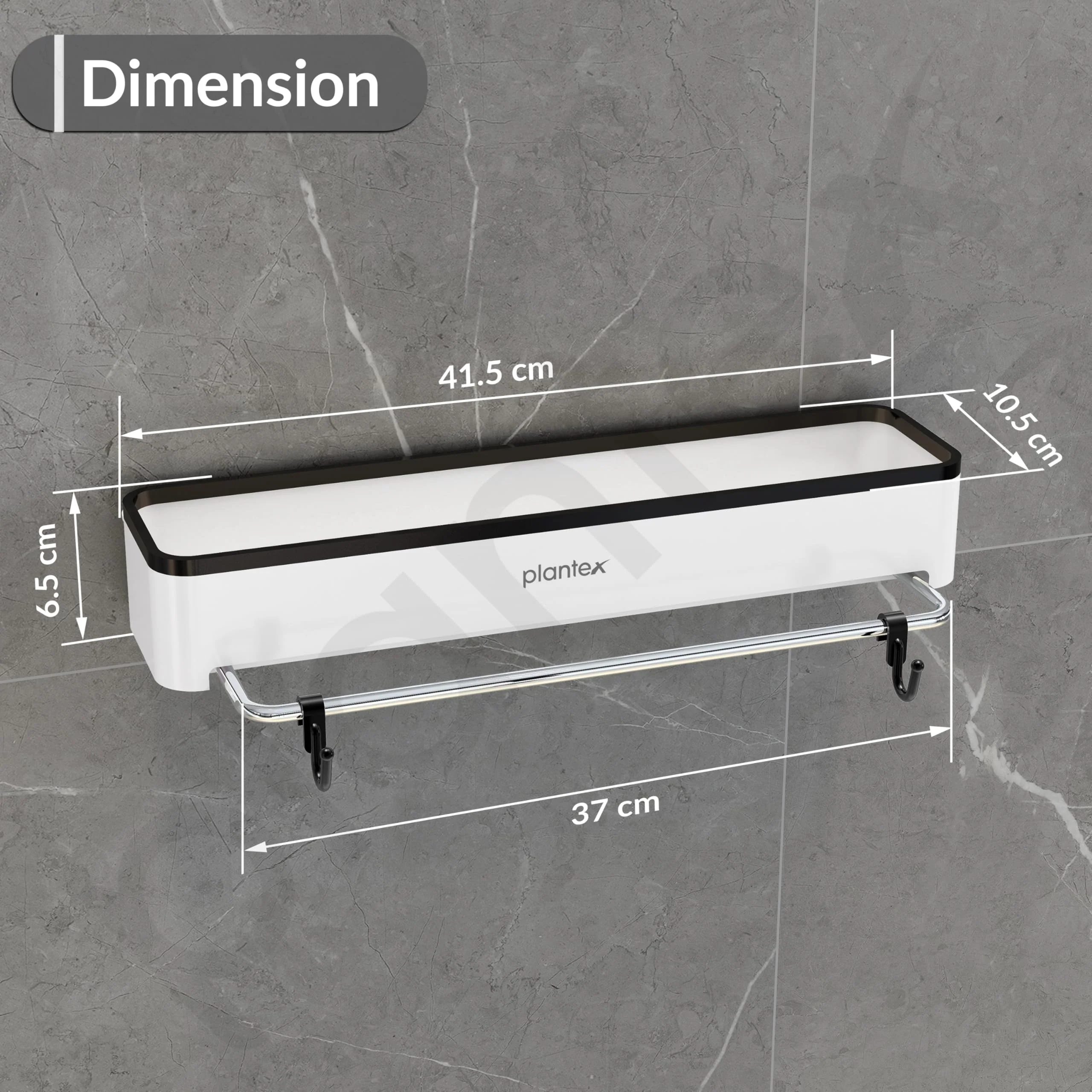 Plantex 3in1 Multipurpose Shelf/ABS Plastic White Floating Shelf with Towel Rod and Hooks for Bathroom/Kitchen/Wall-Mount Shelf for Bathroom/Storage Shelf (16 x 4 Inches) - Image 5