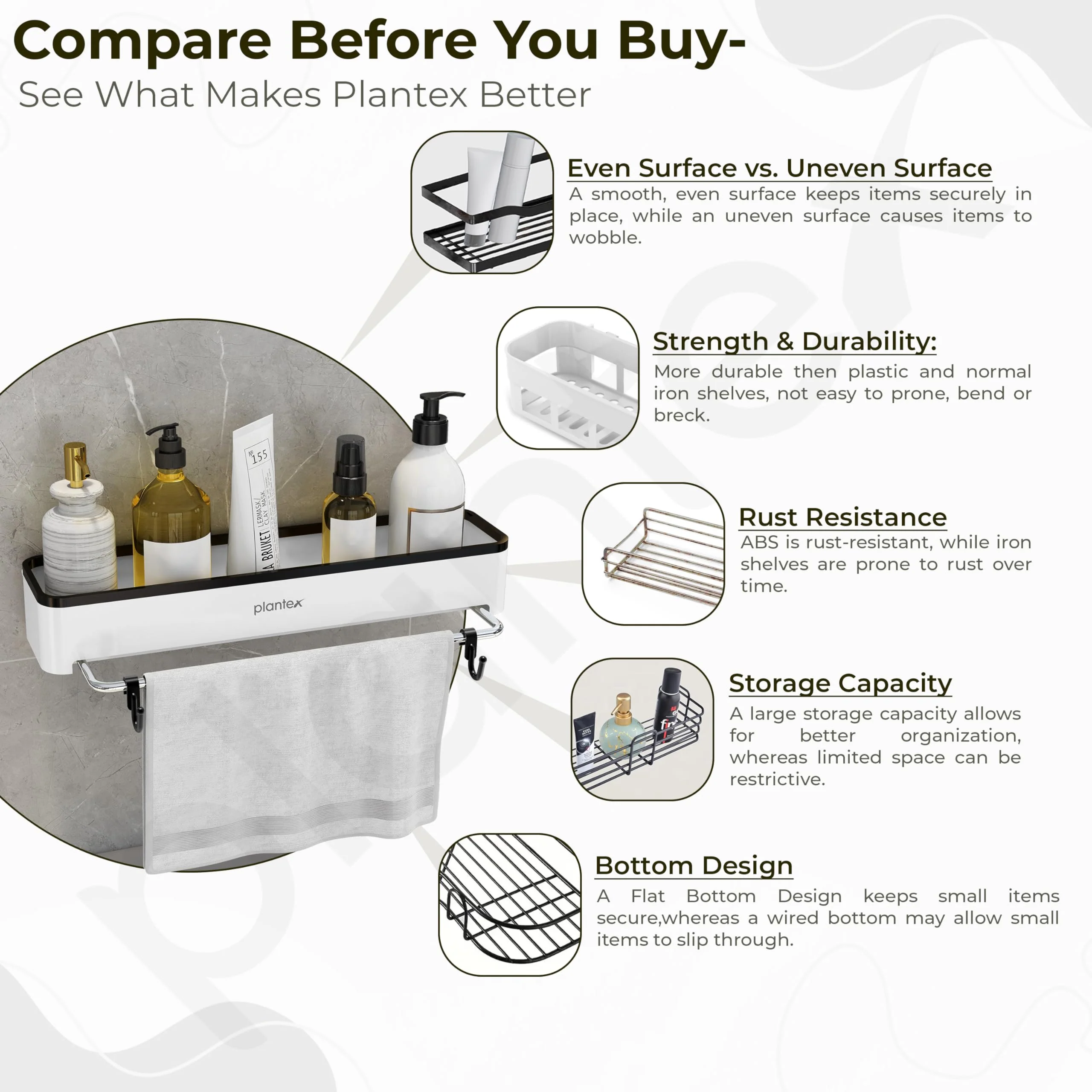 Plantex 3in1 Multipurpose Shelf/ABS Plastic White Floating Shelf with Towel Rod and Hooks for Bathroom/Kitchen/Wall-Mount Shelf for Bathroom/Storage Shelf (16 x 4 Inches) - Image 6