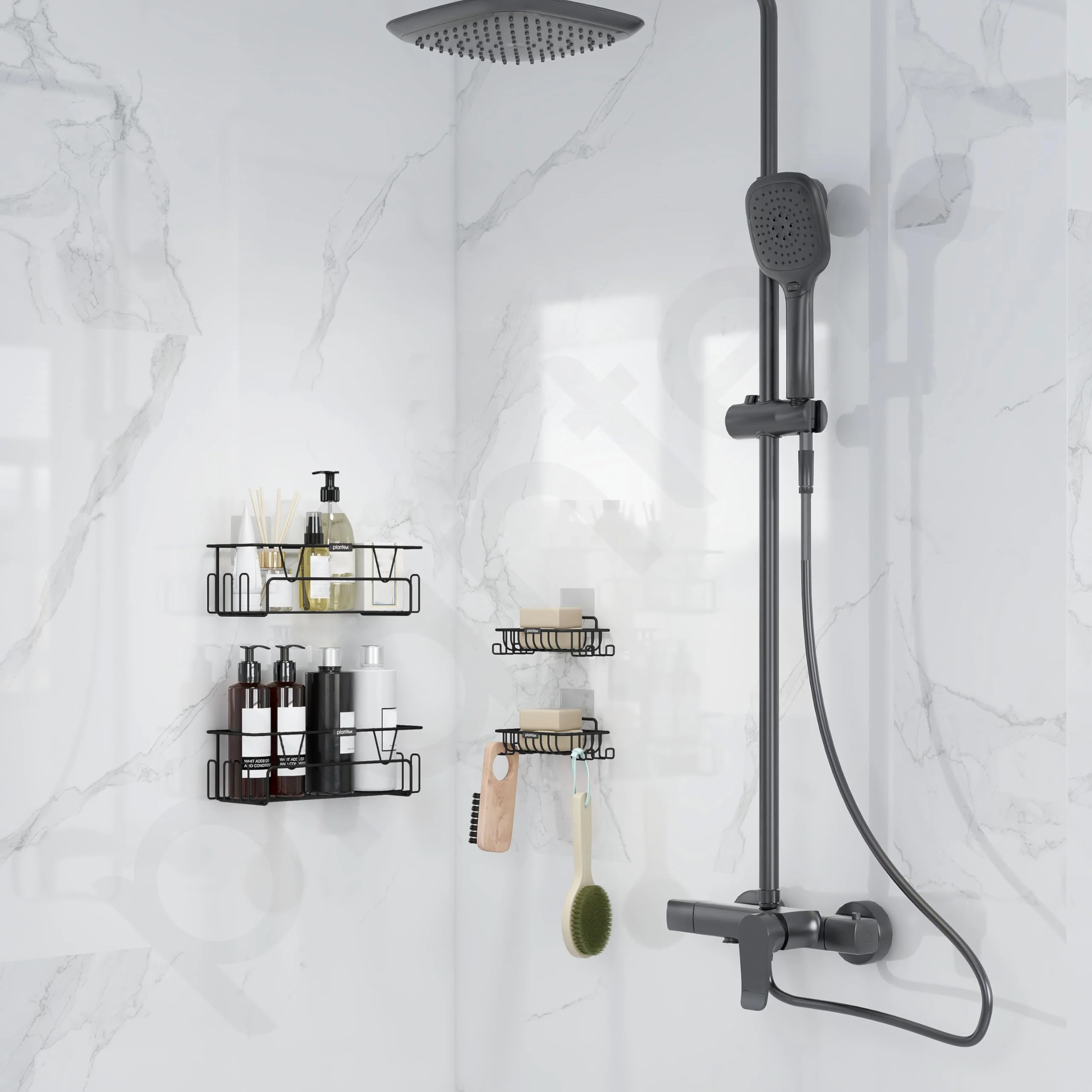 Plantex 4in1 Bathroom Organiser Without Drill/Self Adhesive Shelf for Bathroom and Soap Dish/GI Steel Wall Mounted Shelf and Soap Holder with Hooks (Black) - Image 2