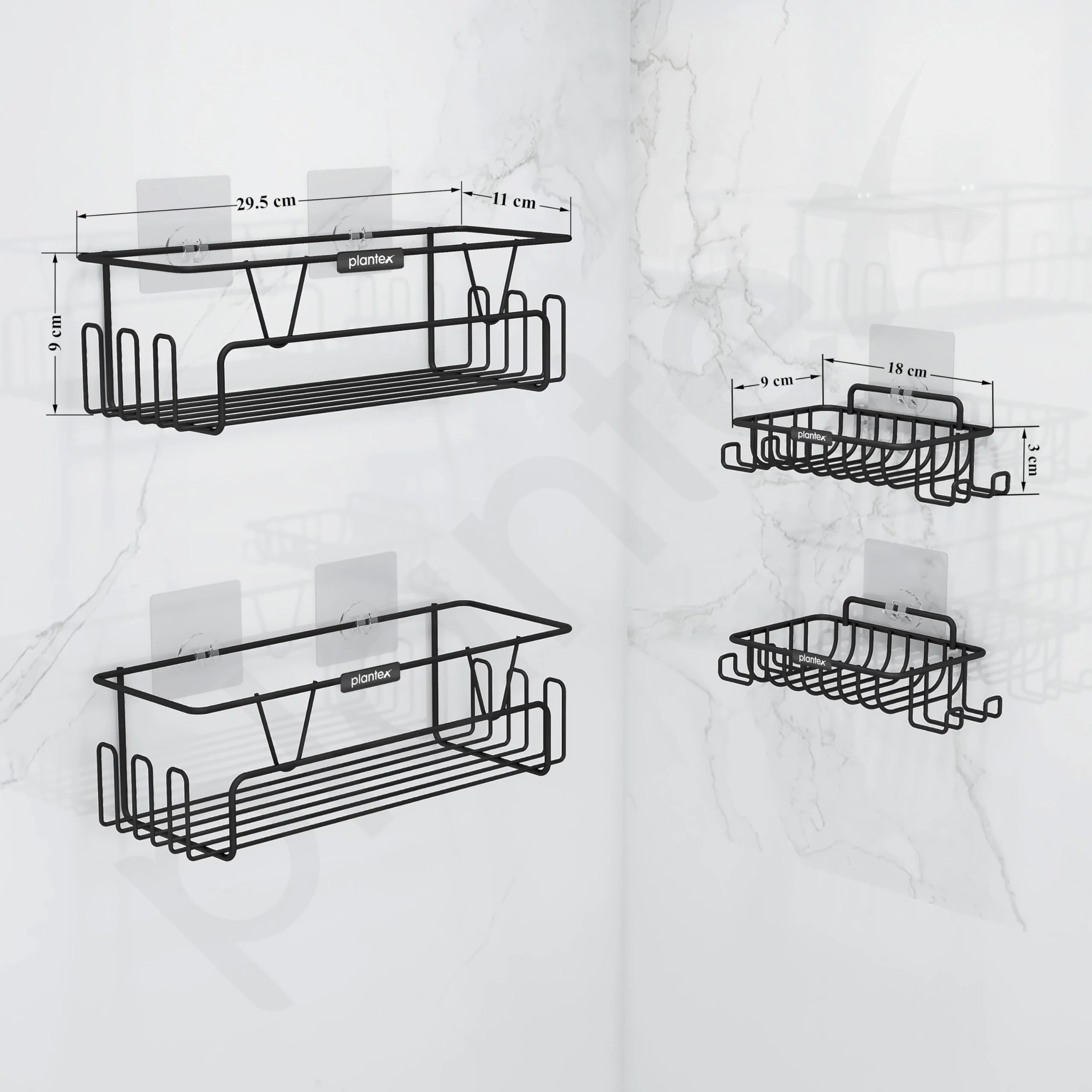 Plantex 4in1 Bathroom Organiser Without Drill/Self Adhesive Shelf for Bathroom and Soap Dish/GI Steel Wall Mounted Shelf and Soap Holder with Hooks (Black) - Image 3