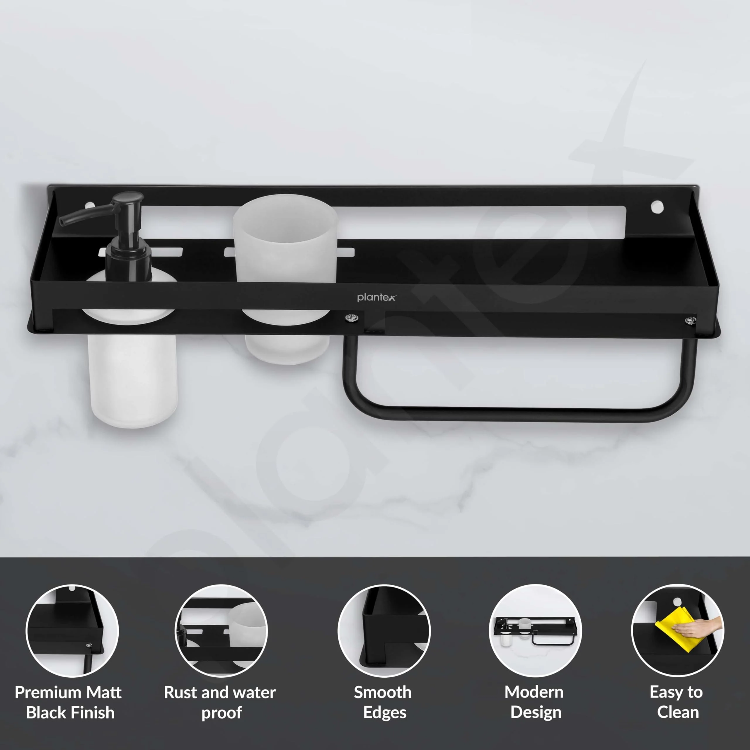Plantex 4in1 Shelf for Bathroom/Stainless Steel Shelf with Tumbler Holder, Liquid Soap Dispenser and Napkin Holder for Home/Office - Pack of 1 (Black) - Image 4