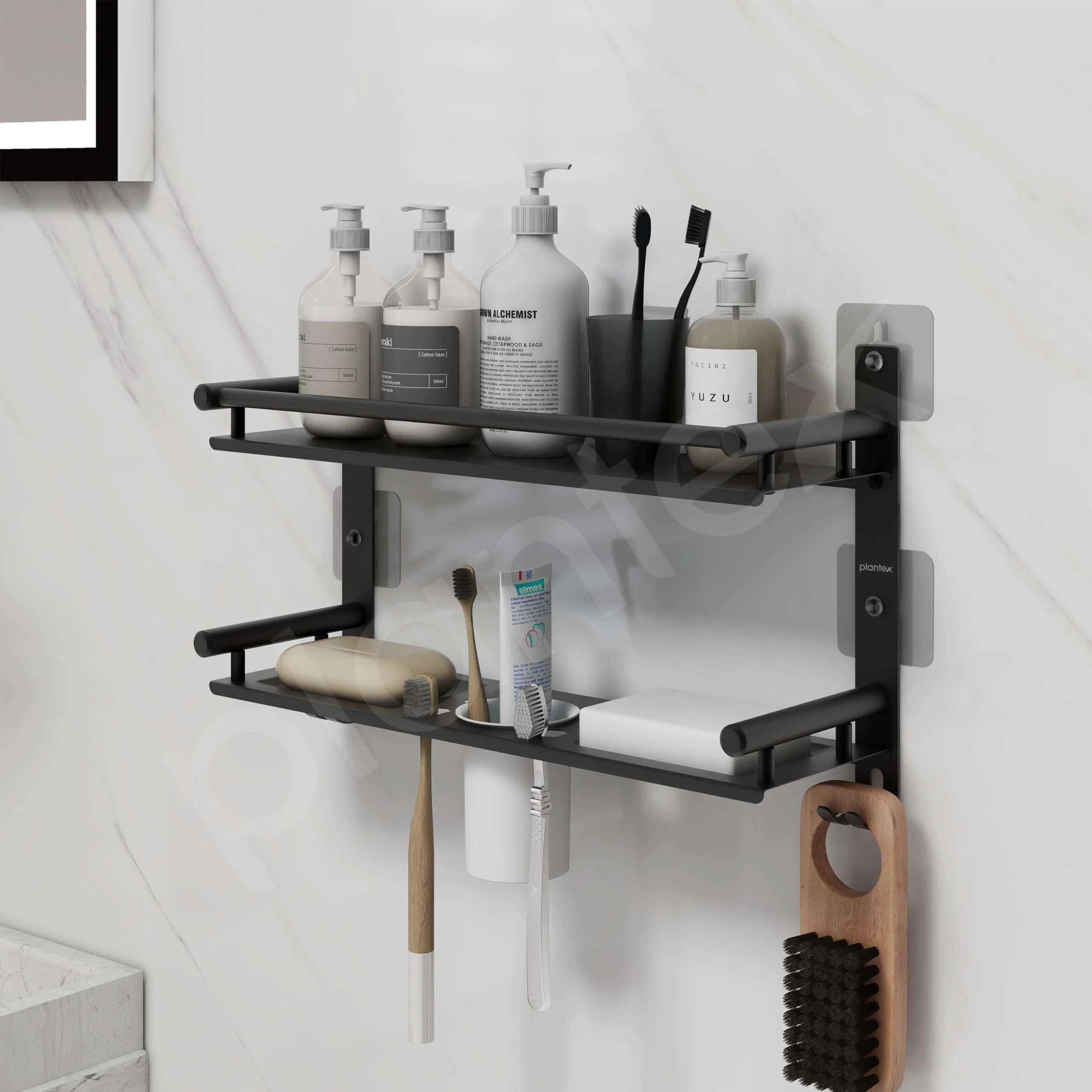 Plantex 5in1 Bathroom Organiser Without Drill/Stainless Steel Bathroom Shelf/Rack with Steel Soap Stand for Wall/Tumbler/Brush Holder/Bathroom Fittings Accessories Set (Black) - Image 2