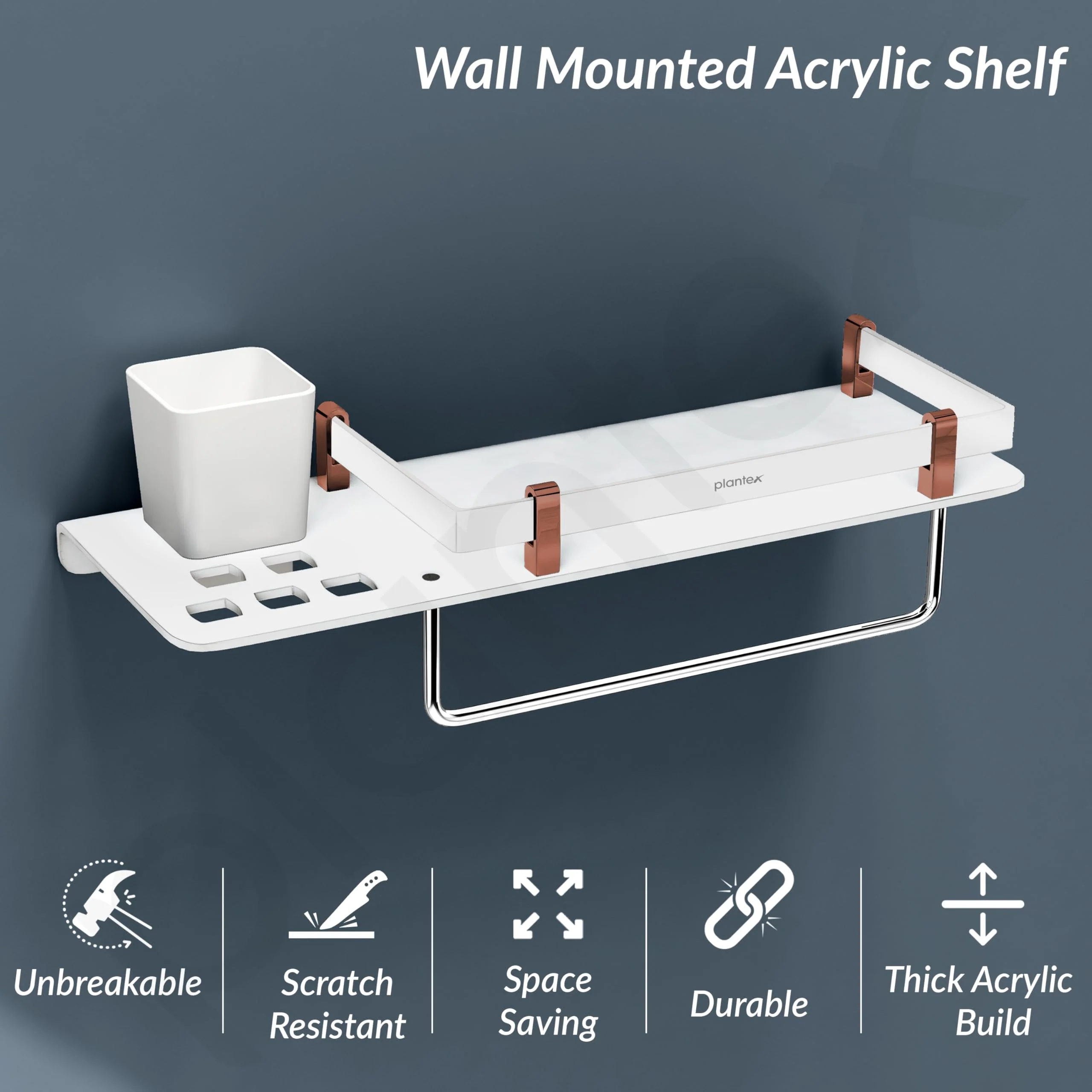 Plantex 5mm Acrylic and ABS Plastic 3 in 1 Multipurpose Bathroom Shelf/Rack/Towel Hanger/Tumbler Holder/Bathroom Accessories (15 x 5 Inches) - Pack of 1 - Image 2