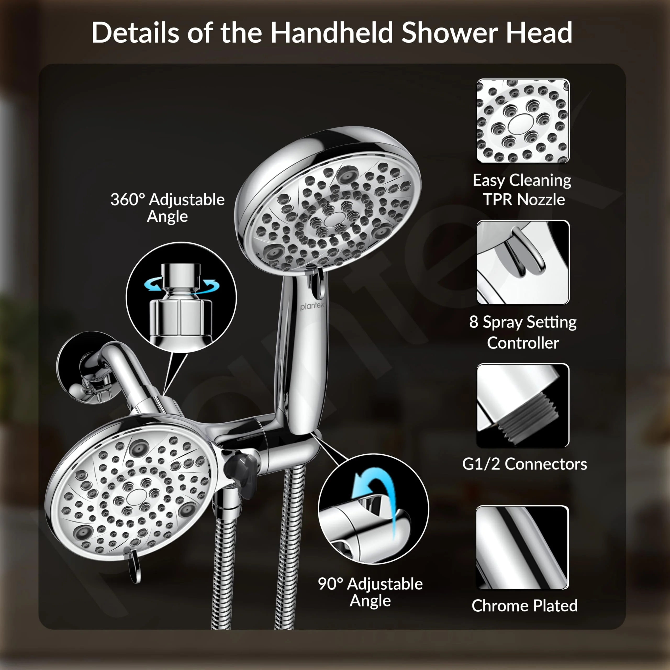 Plantex ABS 8 mode Bathroom Shower Set with 304 Stainless Steel 1.5 meter Flexible Hose Pipe/Handheld Shower Head with 10-inch Round Shower Head-Chrome - Image 2