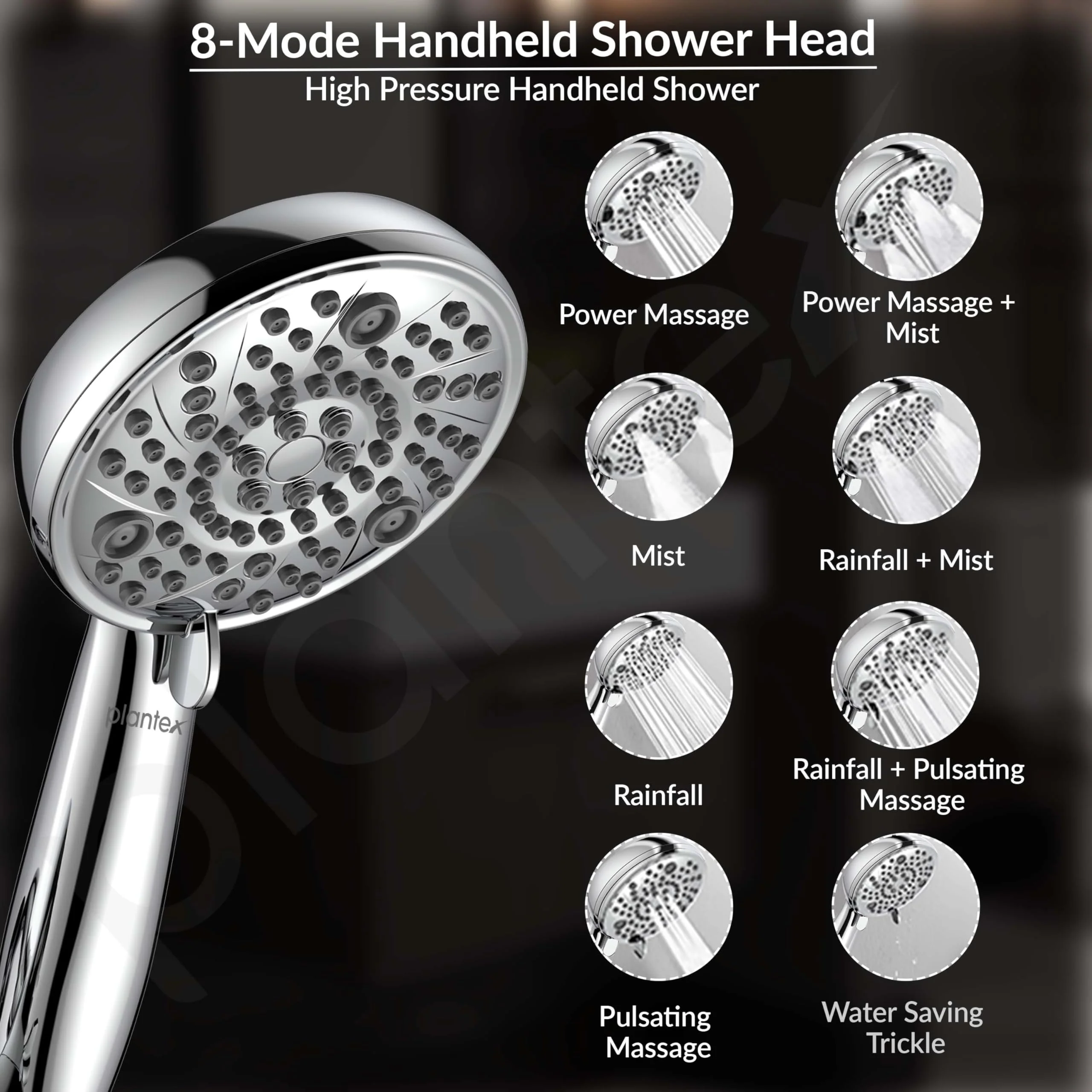 Plantex ABS 8 mode Bathroom Shower Set with 304 Stainless Steel 1.5 meter Flexible Hose Pipe/Handheld Shower Head with 10-inch Round Shower Head-Chrome - Image 5