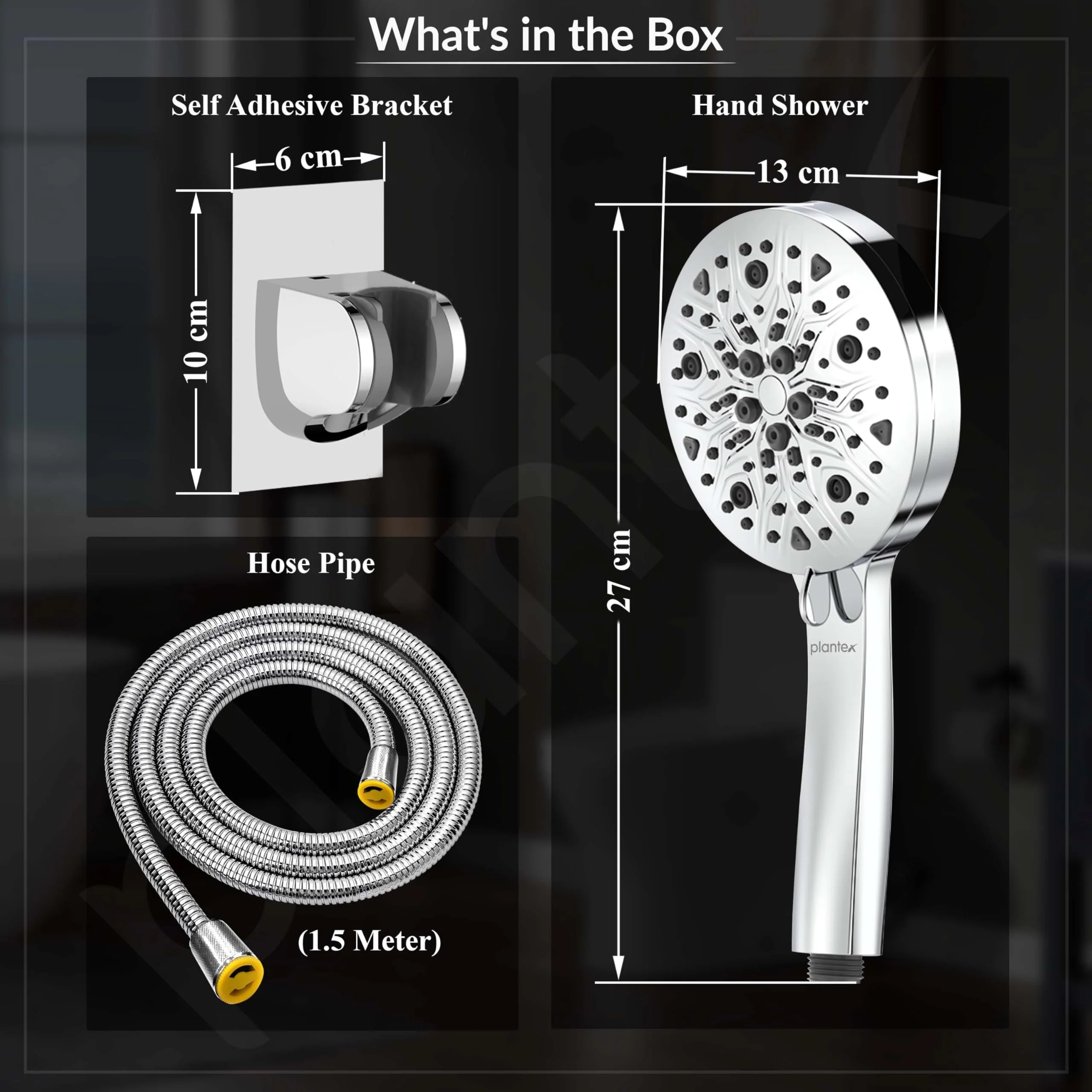 Plantex Abs Hand Shower For Bathroom/5 Inch Round Multi-Function 8 Mode Shower Hand/Hand Shower Set With 1.5 Meter Flexible Tube Pipe With Self Adhesive Bracket - (Chrome) - Image 3