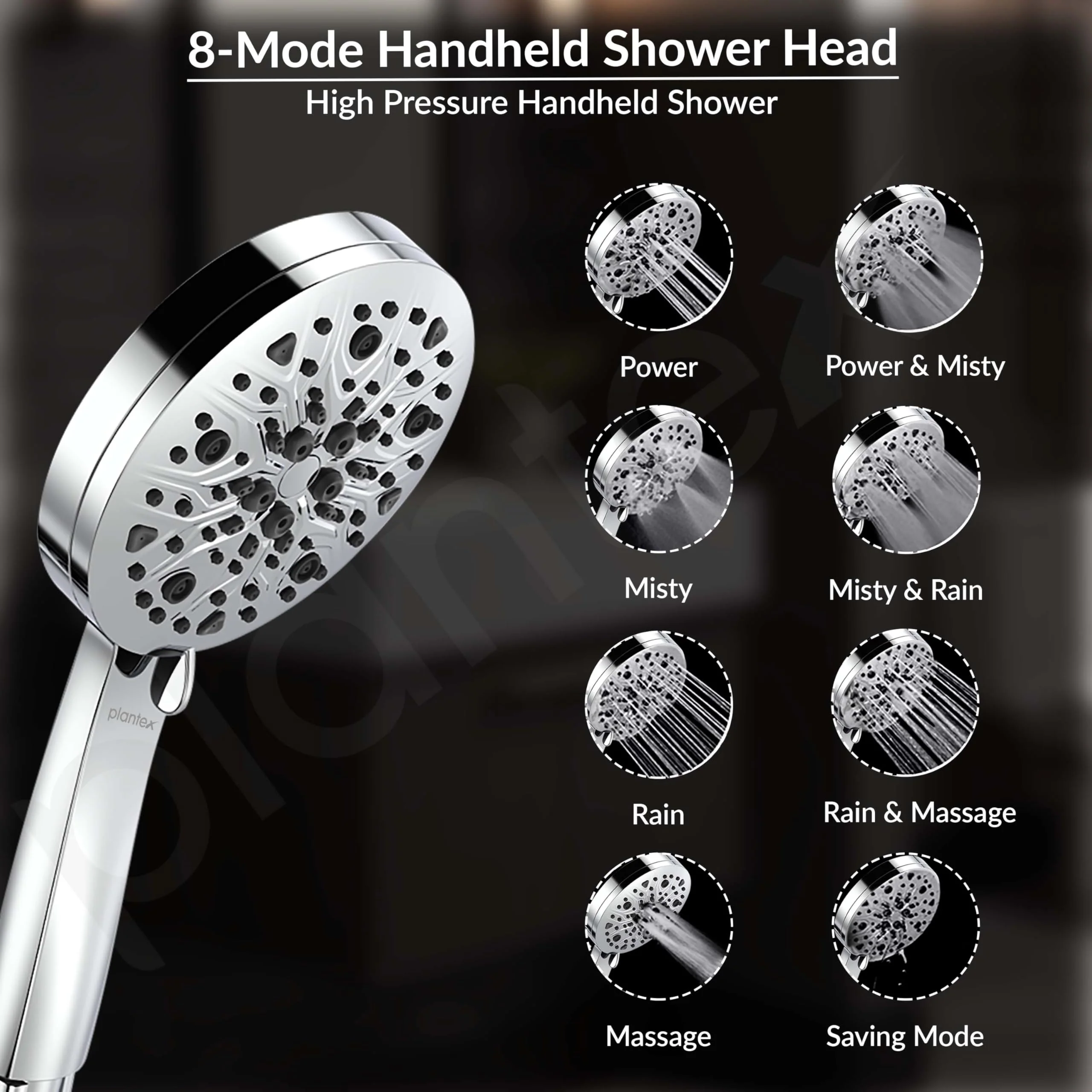 Plantex Abs Hand Shower For Bathroom/5 Inch Round Multi-Function 8 Mode Shower Hand/Hand Shower Set With 1.5 Meter Flexible Tube Pipe With Self Adhesive Bracket - (Chrome) - Image 4