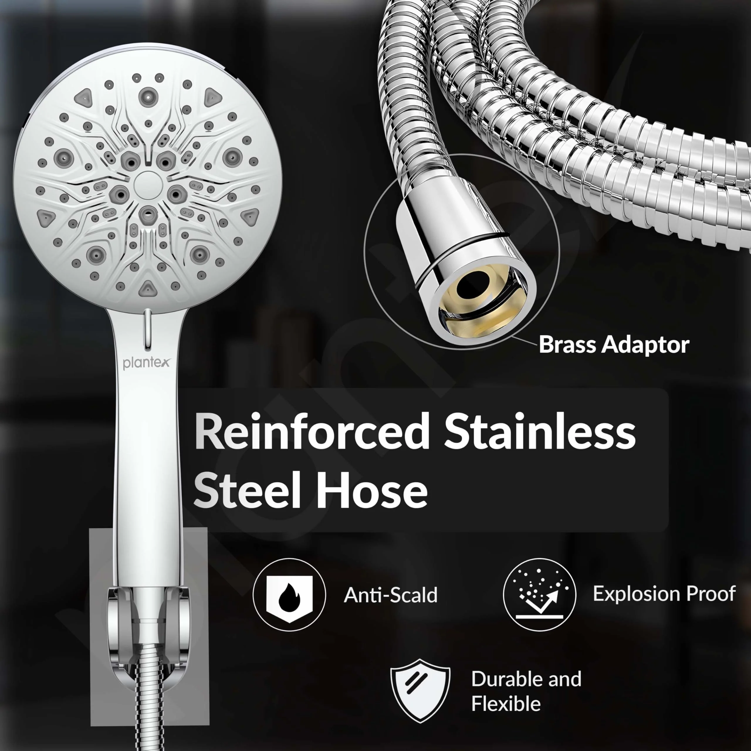Plantex Abs Hand Shower For Bathroom/5 Inch Round Multi-Function 8 Mode Shower Hand/Hand Shower Set With 1.5 Meter Flexible Tube Pipe With Self Adhesive Bracket - (Chrome) - Image 5