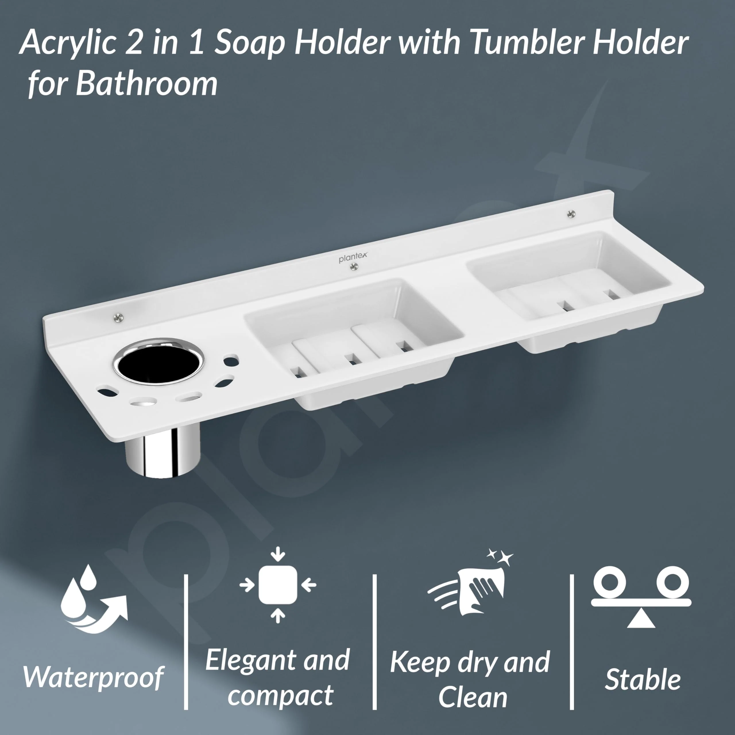 Plantex Acrylic Double Soap Dish/Stand with Tumbler Holder for Bathroom/Soap Stand/Tumbler Holder/Bathroom Accessories - White - Image 2