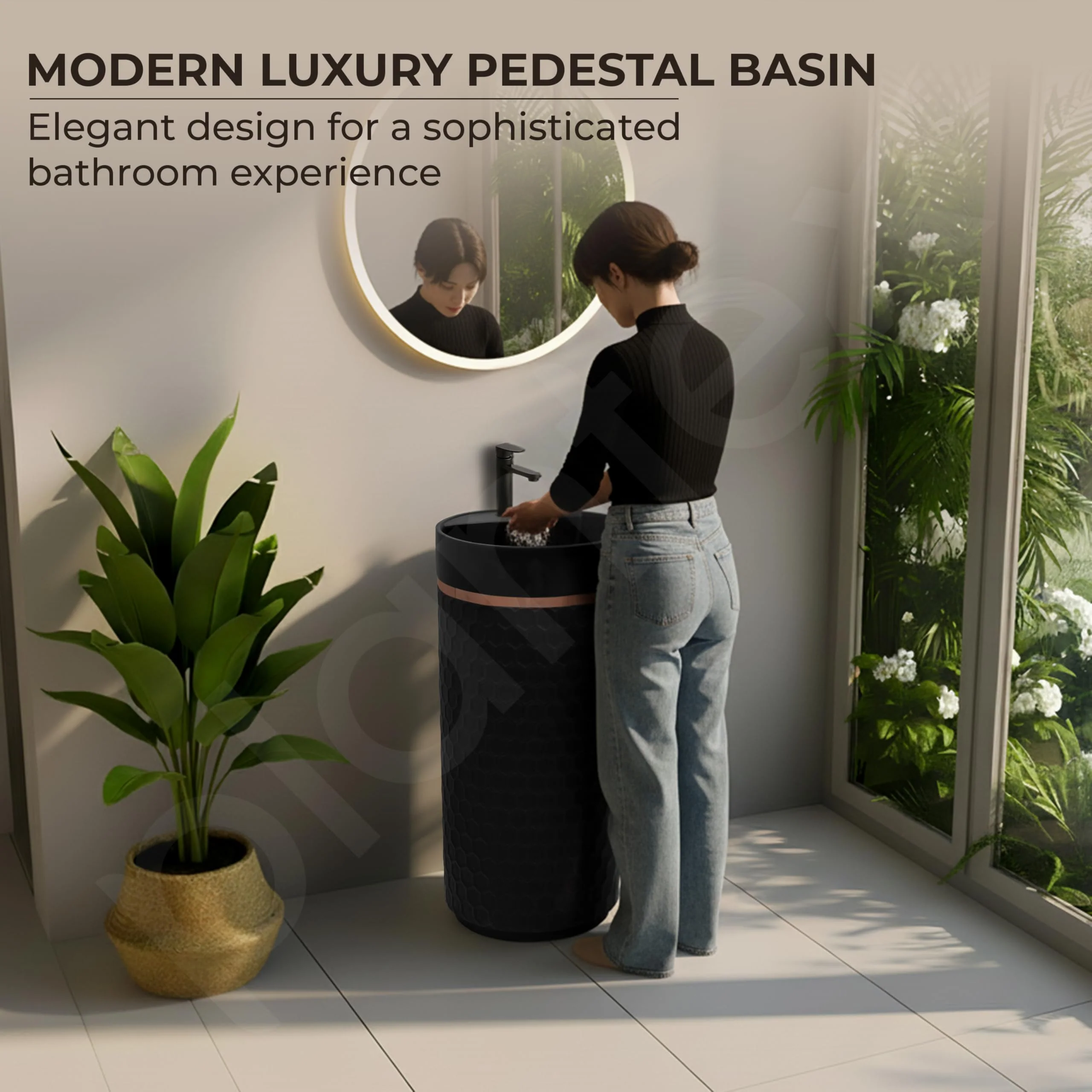 Plantex Acrylic Resin & Quartz Pedestal Basin for Bathroom/One Piece Pedestal Free Standing Round Wash Basin for living Room/Hotel (Black) - Image 6