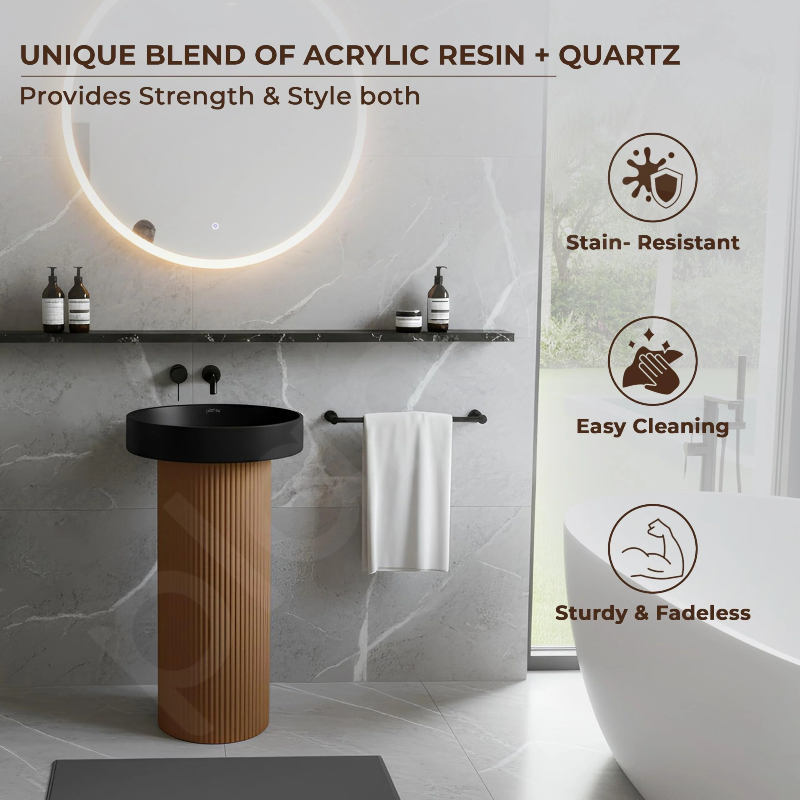 Plantex Acrylic Resin & Quartz Pedestal Basin for Bathroom/One Piece Pedestal Free Standing Round Wash Basin for living Room/Hotel (Black & Gold) - Image 2