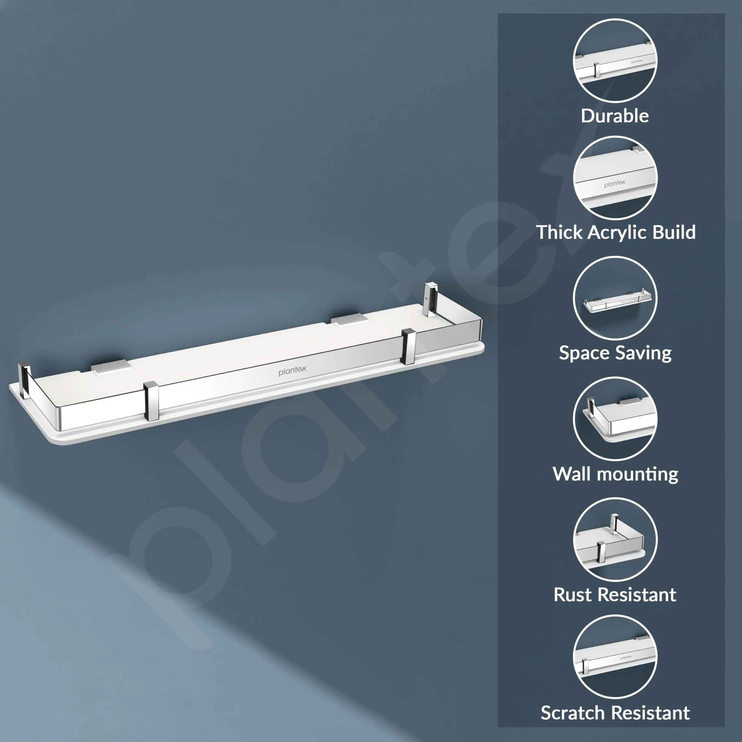 Plantex Acrylic Shelf for Bathroom/Living Room Wall Mounted Shelf with Silver Railings - Bathroom Accessories (White, 18x6 inches) - Image 4