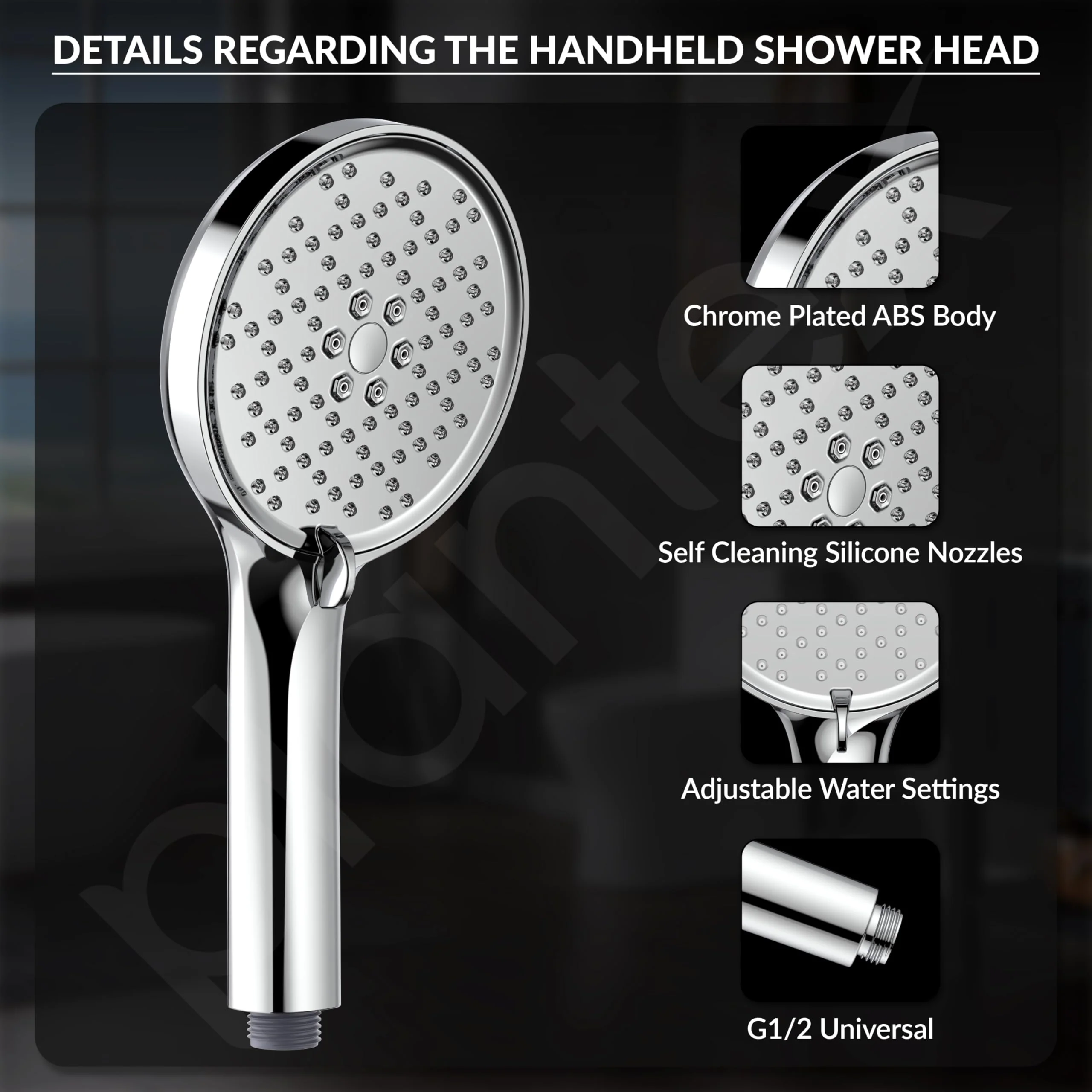 Plantex Acrylonitrile Butadiene Styrene Hand Shower For Bathroom/5 Inch Round Multi-Function 3 Mode Shower Hand/Hand Shower With 1.5 Meter Flexible Tube And Wall Hook-(Chrome) - Image 2