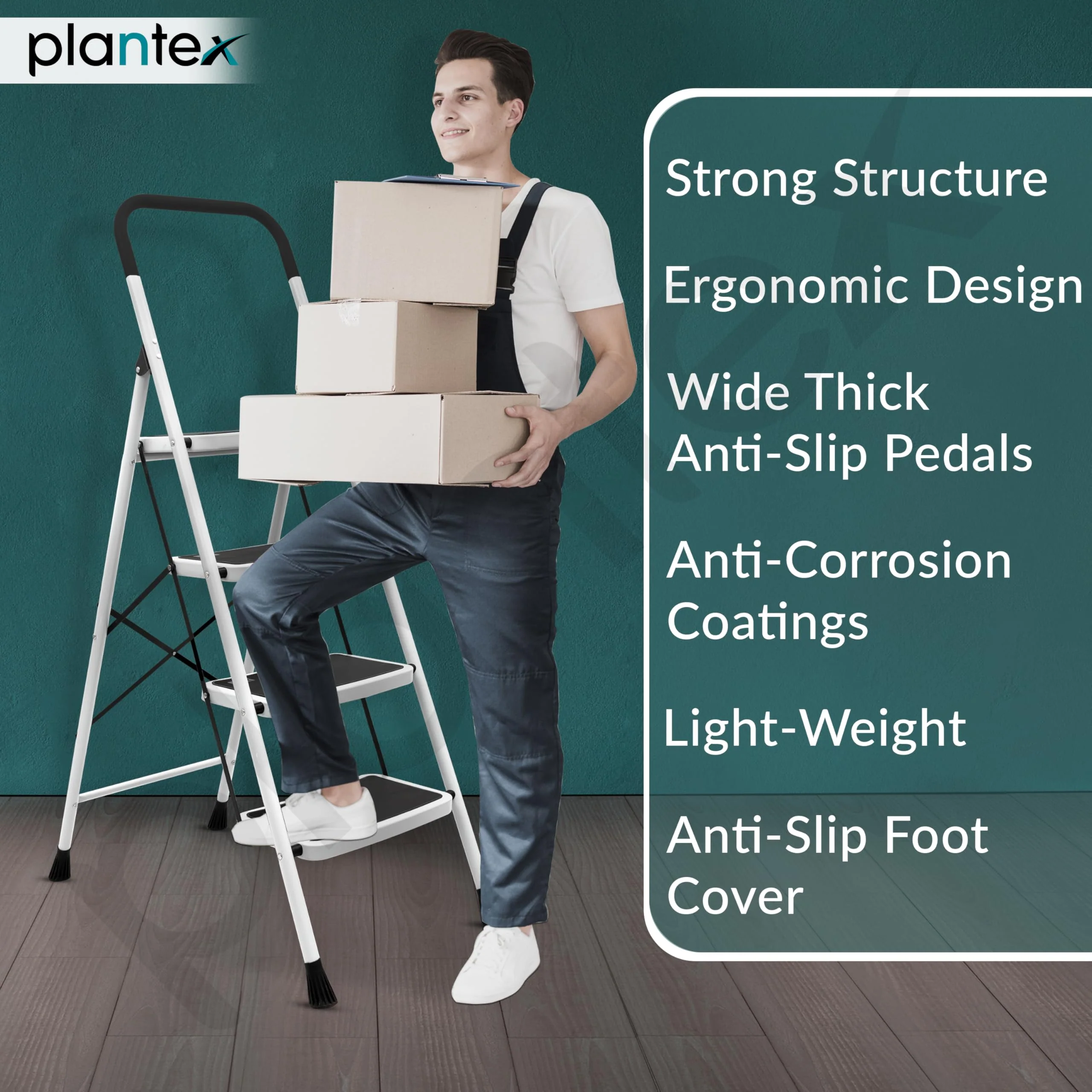 Plantex Alloy Steel 4 Step Ladder For Home/Foldable Strong Wide Step Ladder/Anti- Skid 4 Step Ladder - (White & Black) - Image 2