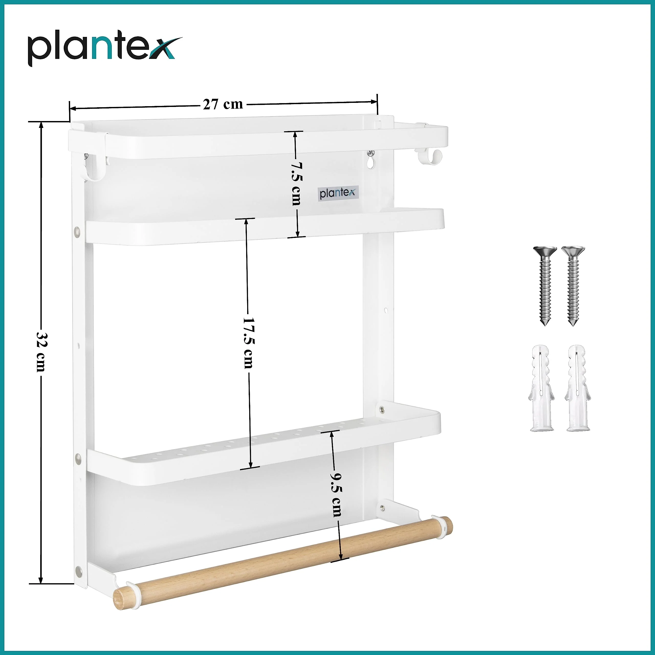 Plantex Alloy Steel Folding Magnetic Shelf For Home/Fridge Side Storage Shelf/Rack With 2 Movable Hooks/Fridge Organizer Spice Rack And Towel Holder For Bathroom/Bathrrom Accessories(Small-White) - Image 3