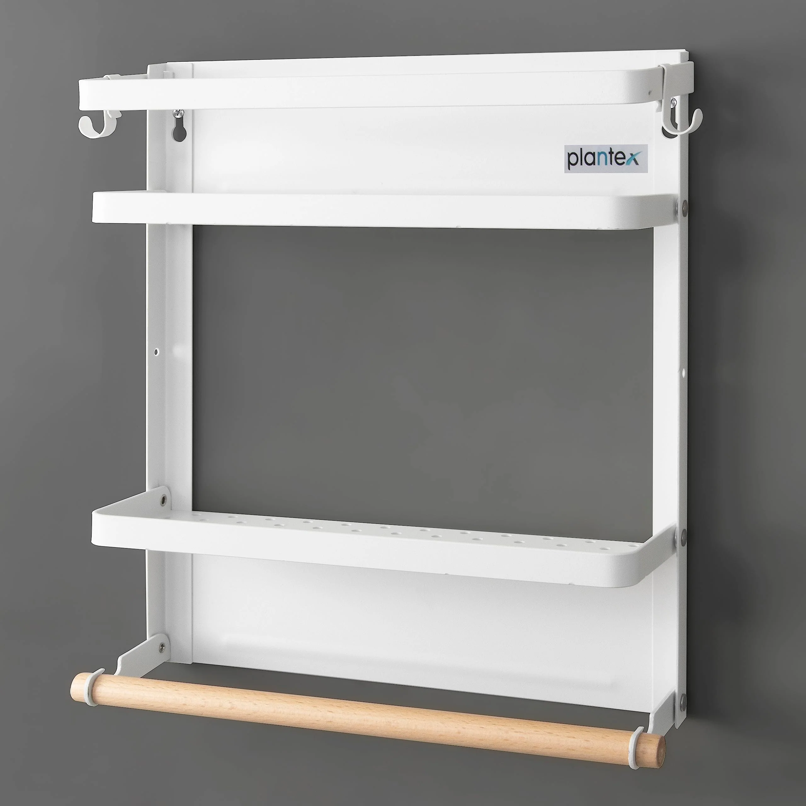 Plantex Alloy Steel Folding Magnetic Shelf For Home/Fridge Side Storage Shelf/Rack With 2 Movable Hooks/Fridge Organizer Spice Rack And Towel Holder For Bathroom/Bathrrom Accessories(Small-White) - Image 7
