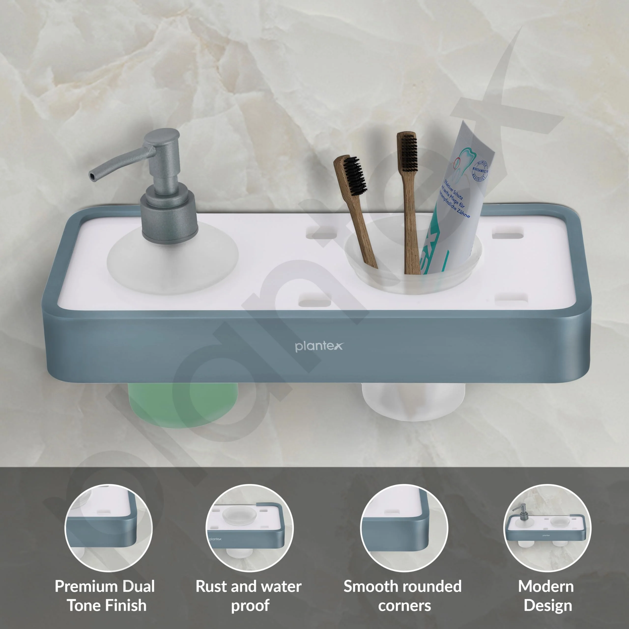 Plantex Aluminium and Acrylic 2 in 1 Shampoo Dispenser with Toothpaste Holder/Liquid Soap Dispenser with Tumbler Holder/Bathroom Accessories - (Grey and Milky White) - Image 2