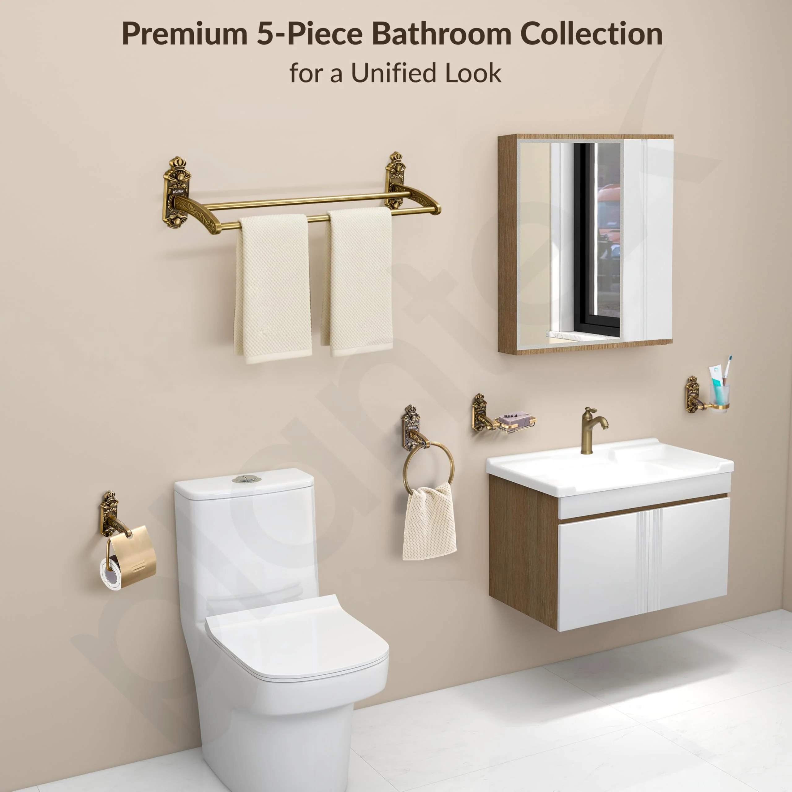 Plantex Aluminium Antique Bathroom Accessories Set Of 5-Pcs/Bathroom Hardware Set (Towel Rod/Napkin Ring/Paper Holder/Soap Dish/Tumbler Holder), Gold - Image 4