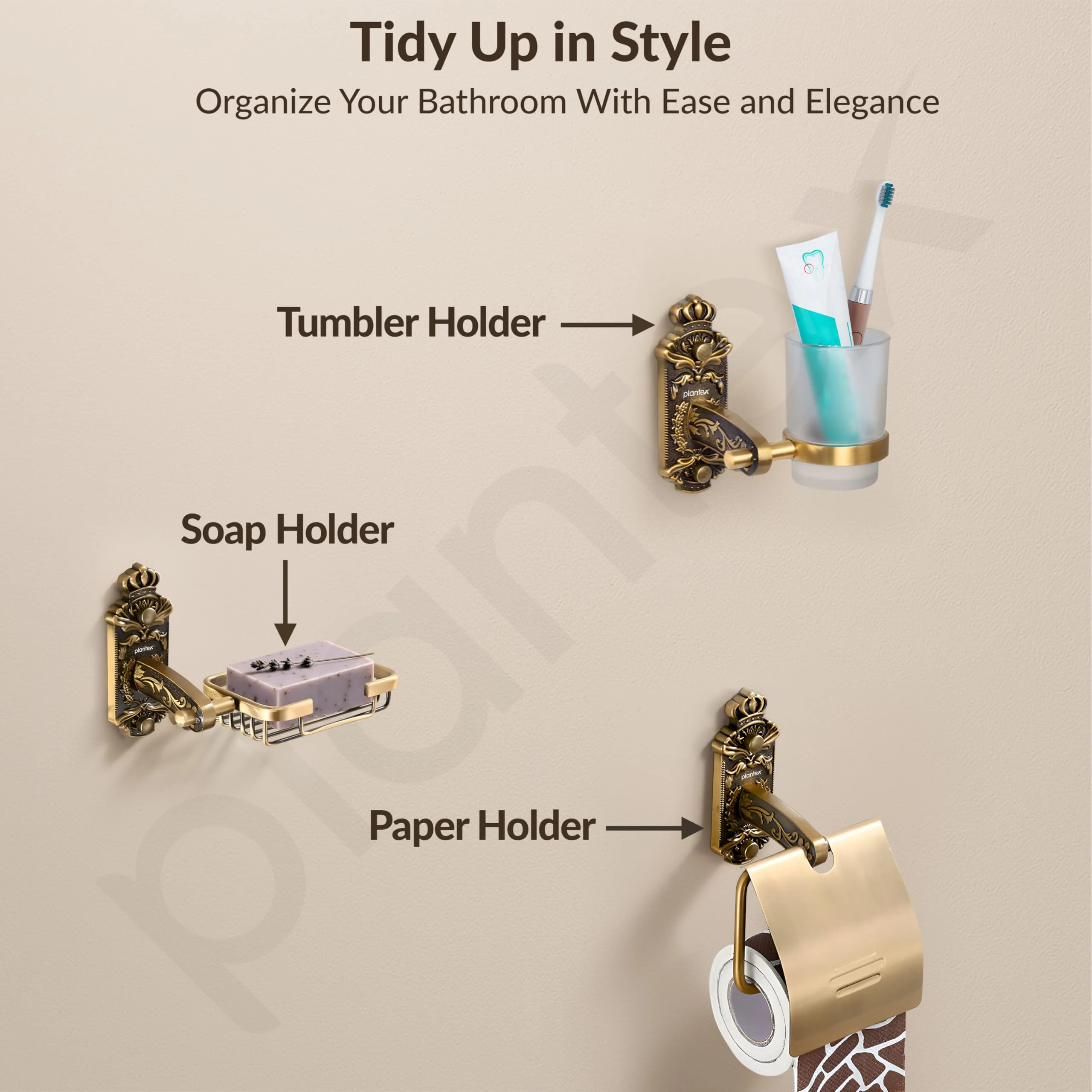 Plantex Aluminium Antique Bathroom Accessories Set Of 5-Pcs/Bathroom Hardware Set (Towel Rod/Napkin Ring/Paper Holder/Soap Dish/Tumbler Holder), Gold - Image 6