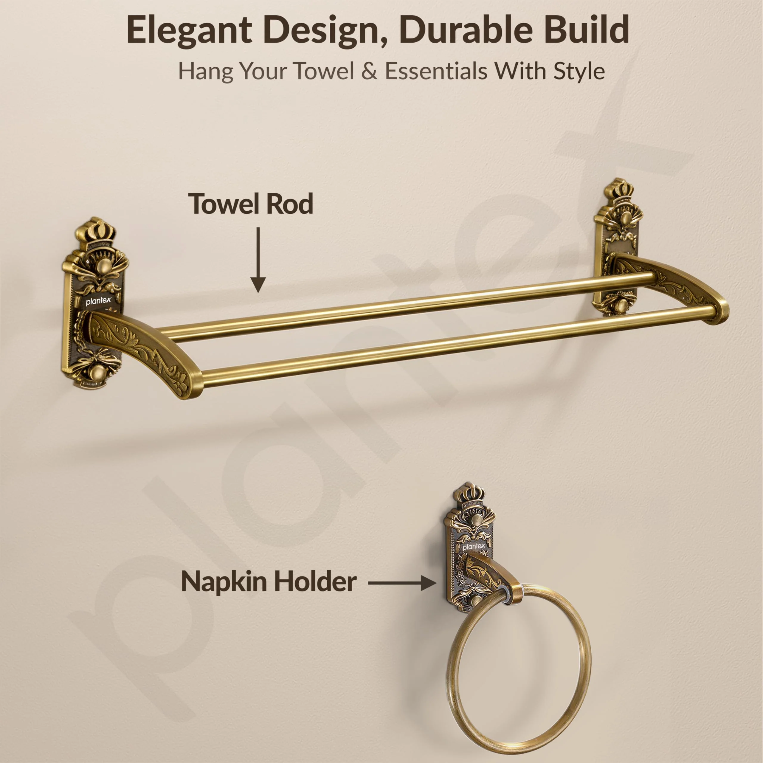 Plantex Aluminium Antique Bathroom Accessories Set Of 5-Pcs/Bathroom Hardware Set (Towel Rod/Napkin Ring/Paper Holder/Soap Dish/Tumbler Holder), Gold - Image 7