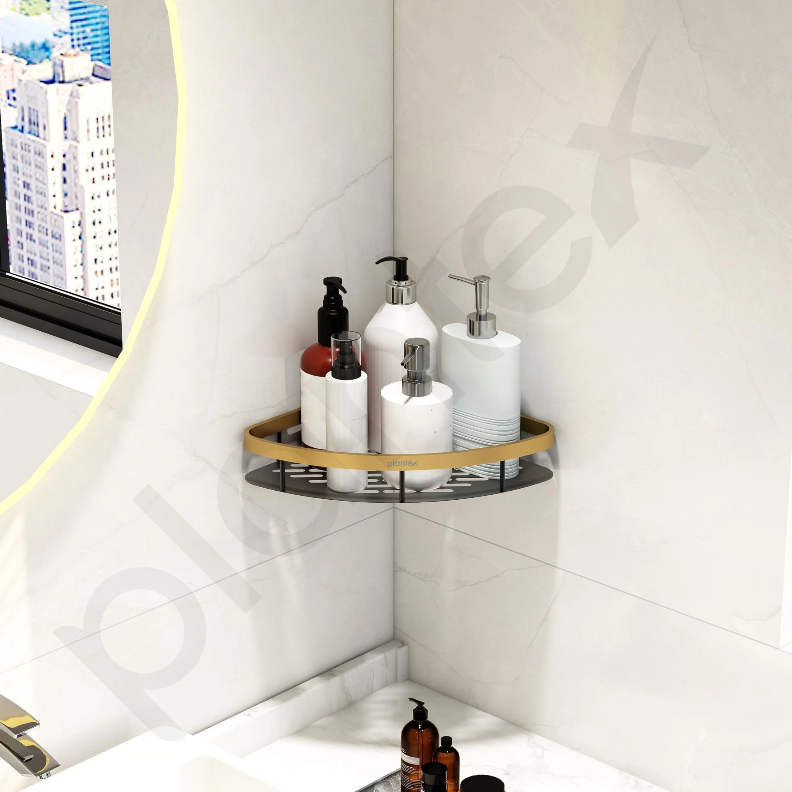 Plantex Aluminium Bathroom Corner Self Adhesive/Rack for Kitchen Storage with Golden Railing & Magic Stickers/Bathroom Fittings Accessories Set (9x9 inches, Gold & Black) - Image 2