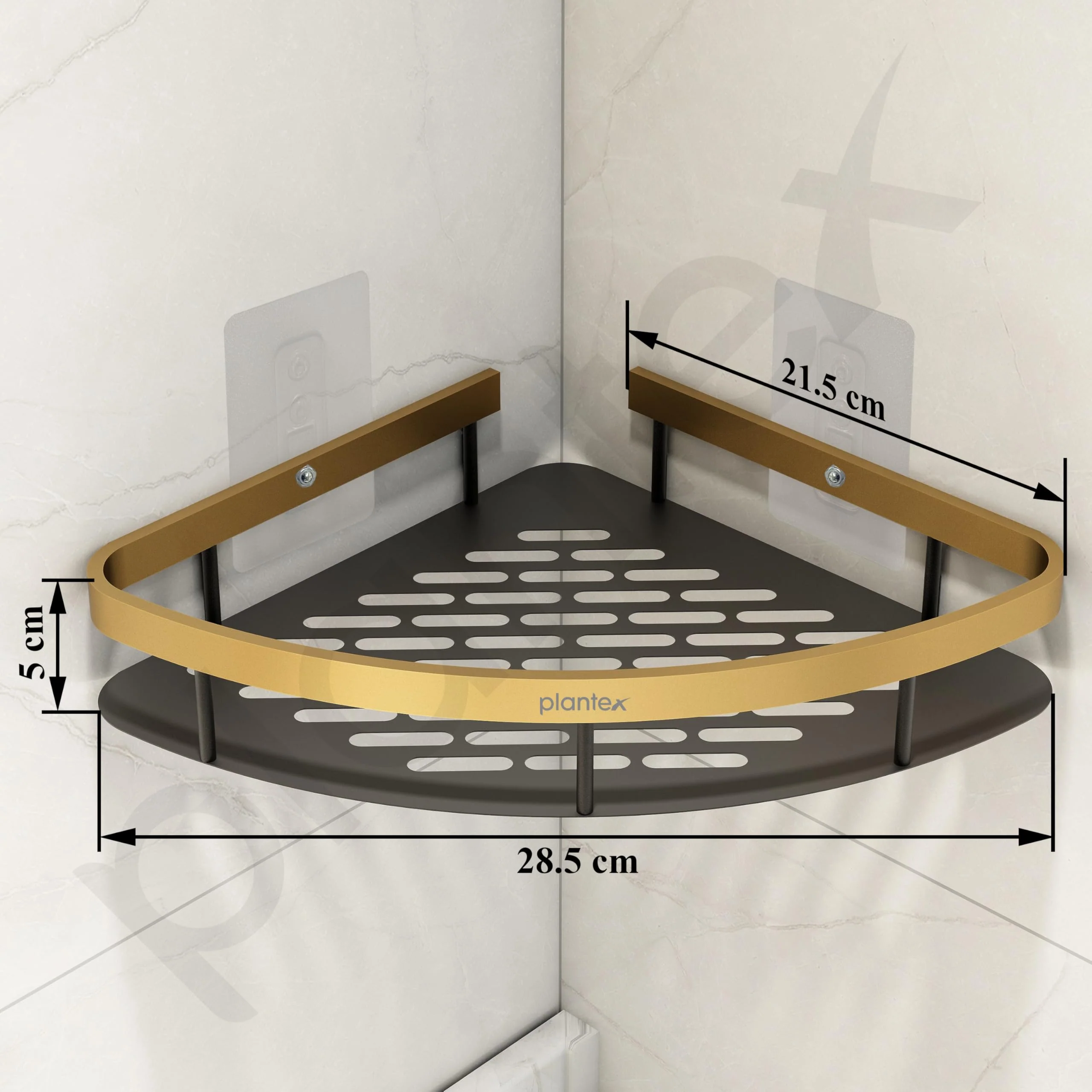 Plantex Aluminium Bathroom Corner Self Adhesive/Rack for Kitchen Storage with Golden Railing & Magic Stickers/Bathroom Fittings Accessories Set (9x9 inches, Gold & Black) - Image 3