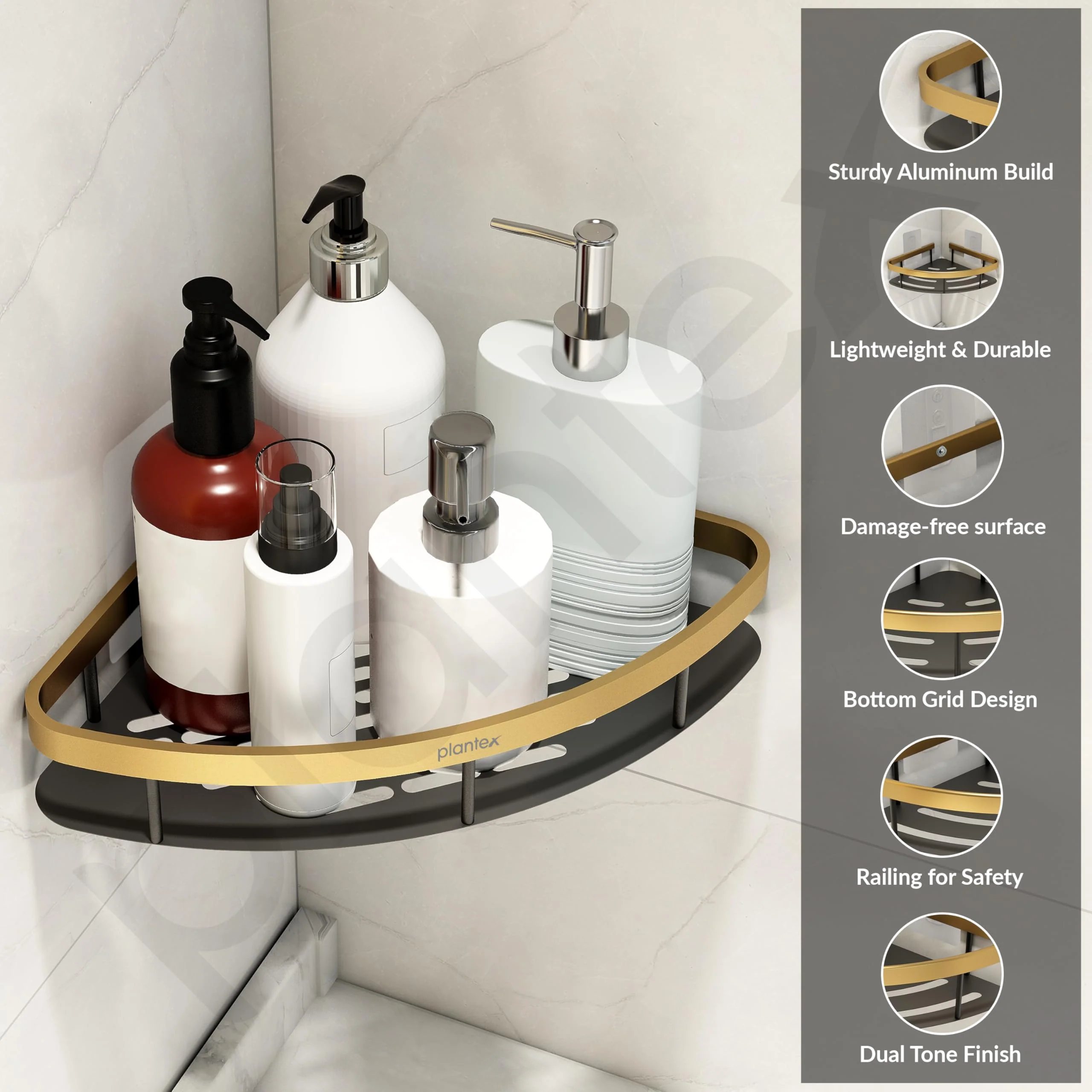 Plantex Aluminium Bathroom Corner Self Adhesive/Rack for Kitchen Storage with Golden Railing & Magic Stickers/Bathroom Fittings Accessories Set (9x9 inches, Gold & Black) - Image 5