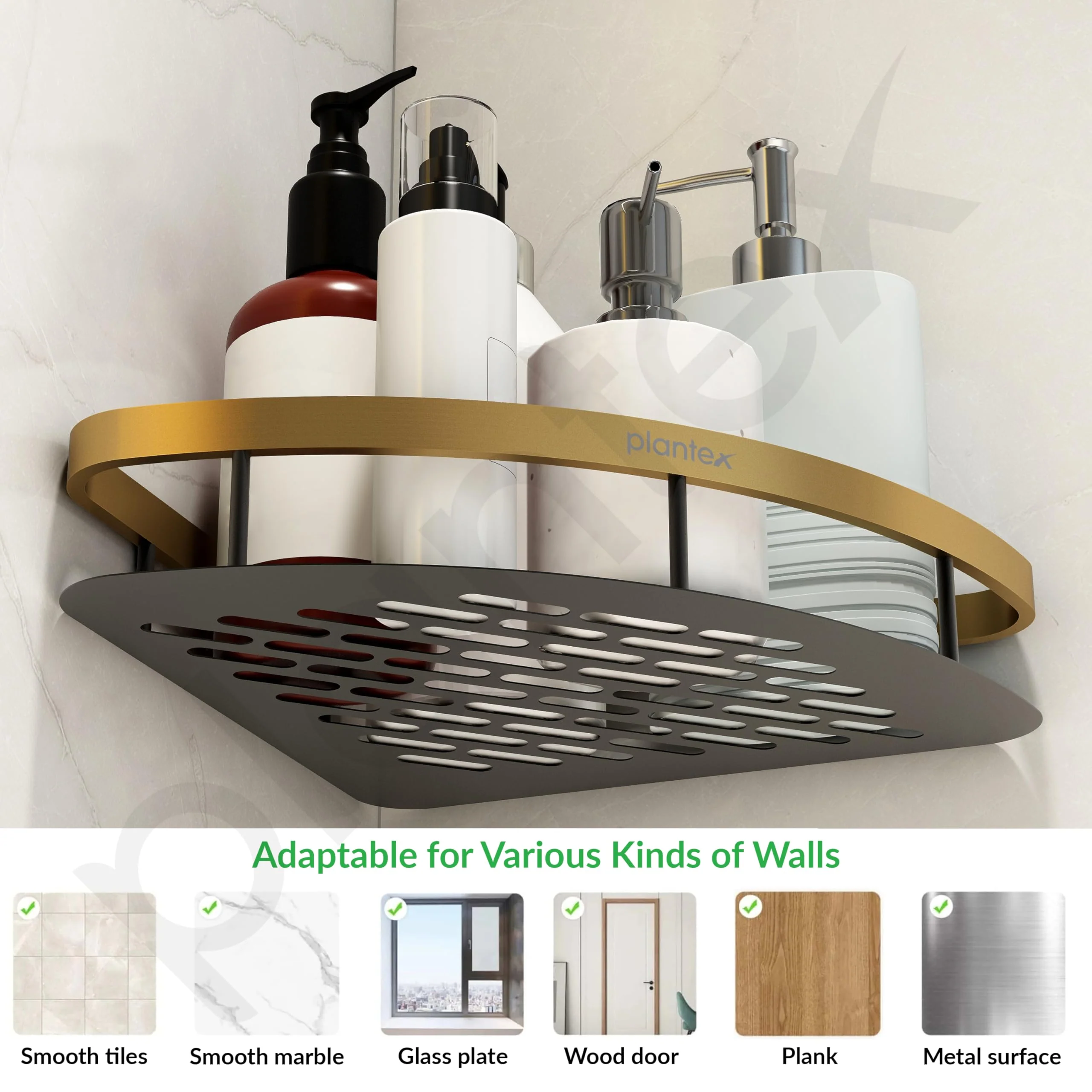 Plantex Aluminium Bathroom Corner Self Adhesive/Rack for Kitchen Storage with Golden Railing & Magic Stickers/Bathroom Fittings Accessories Set (9x9 inches, Gold & Black) - Image 6