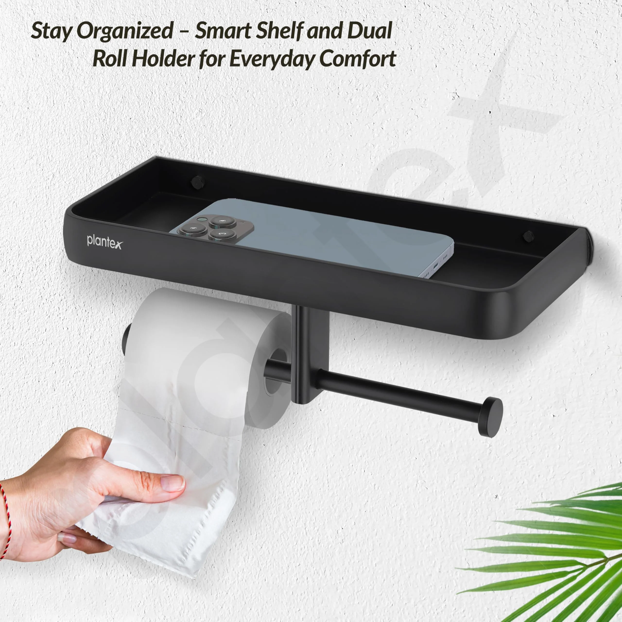 Plantex Aluminium Dual Toilet Paper Holder for Bathroom/Tissue Paper Roll Holder with Mobile Stand/Toilet Paper Roll Holder/Bathroom Accessories - (Black) - Image 5