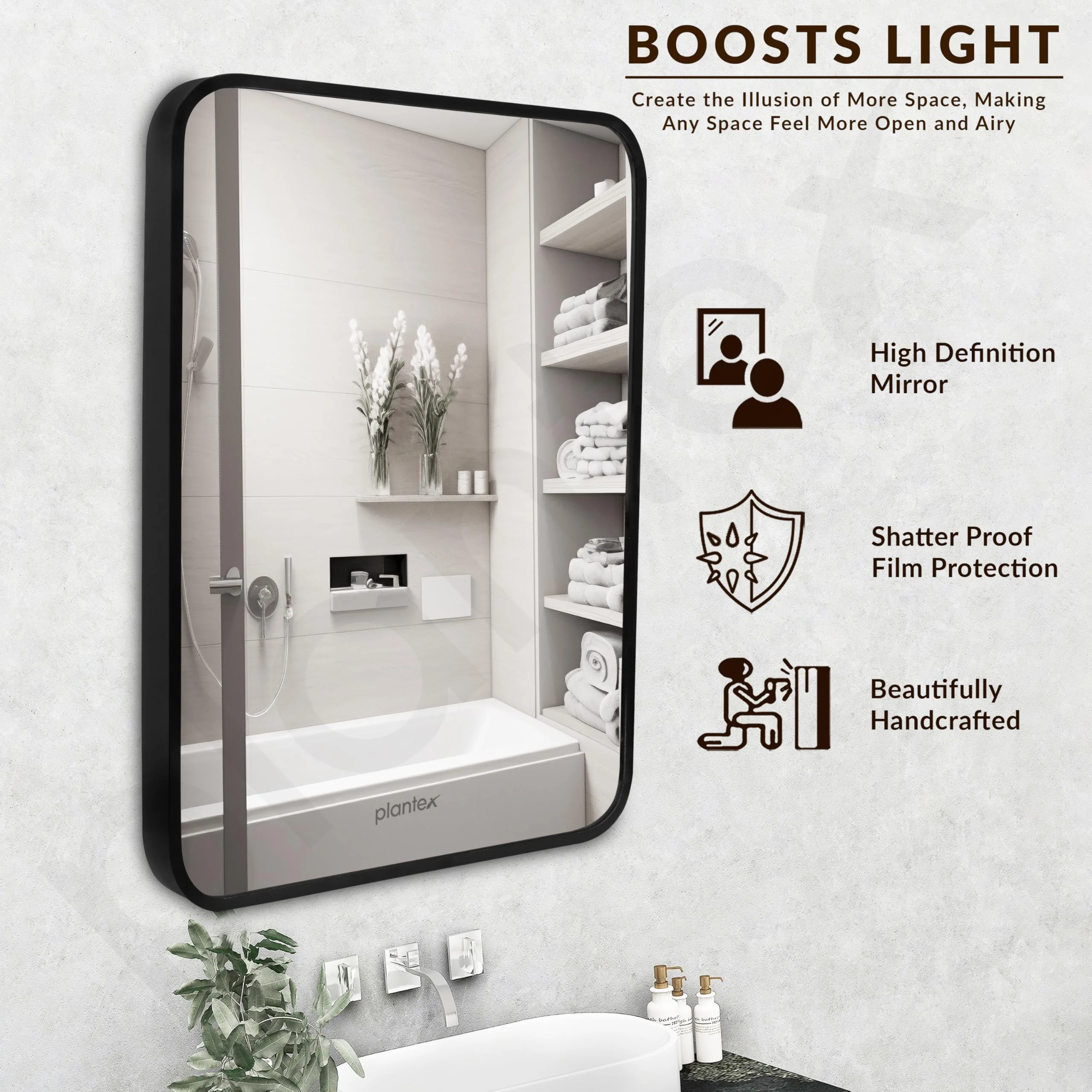 Plantex Aluminium Frame Bathroom Mirror for Wall/Wall Mount Mirror for Bedroom/Dressing Room/Living Room/Entryway - Shatterproof Mirror (18x24 Inch-Brushed Black/Rectangle) - Image 3