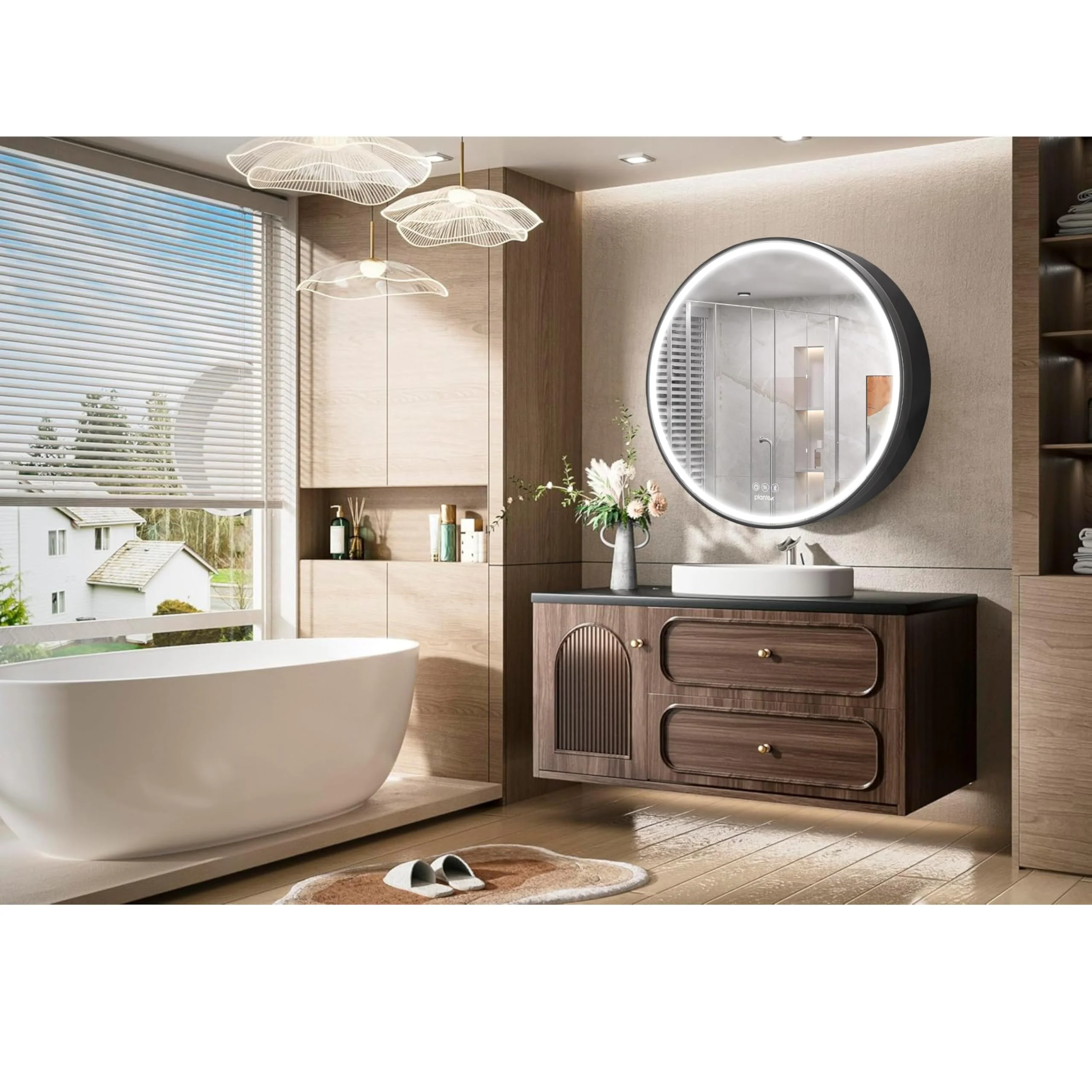 Plantex Aluminium Framed Round LED Bathroom Shelf for Wall with Mirror/Heavy-Duty Steel Body Bathroom Cabinet with Defogger and Bluetooth- 24x24 Inch, Black - Image 6