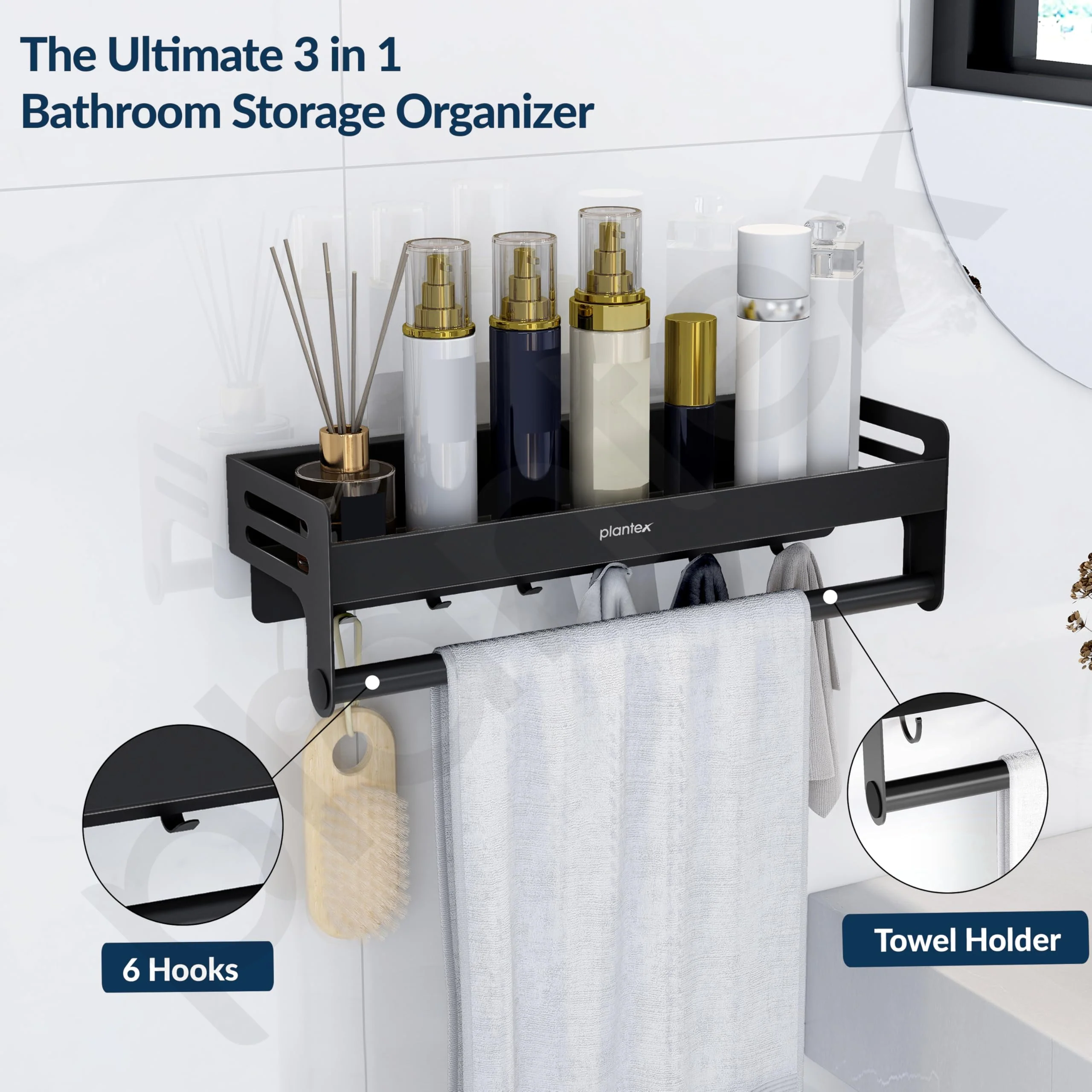 Plantex Aluminium Multipurpose Bathroom Shelf with Towel Rod and Movable Hooks/Rack Shelf for Bathroom/Kitchen Shelf Organizer (Black) - Image 3