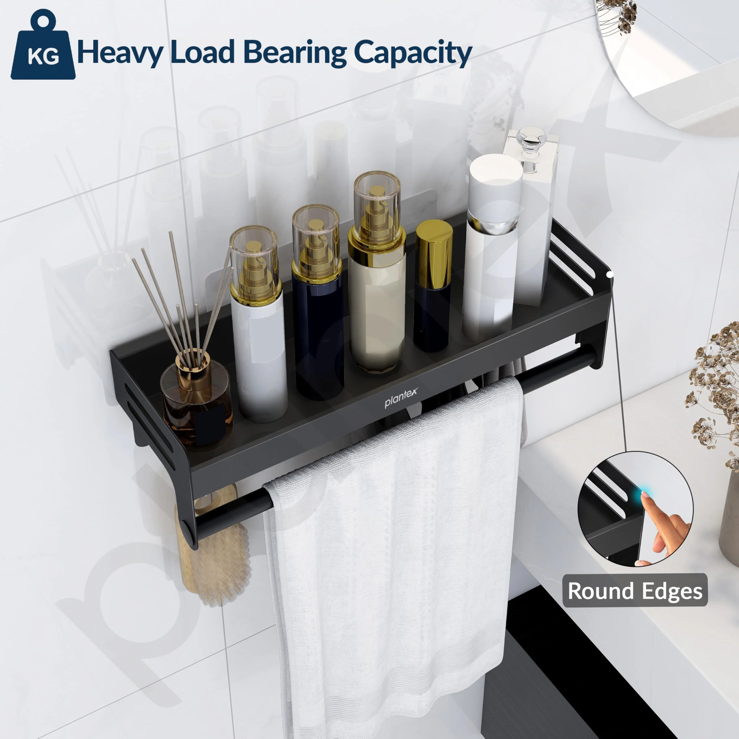 Plantex Aluminium Multipurpose Bathroom Shelf with Towel Rod and Movable Hooks/Rack Shelf for Bathroom/Kitchen Shelf Organizer (Black) - Image 4