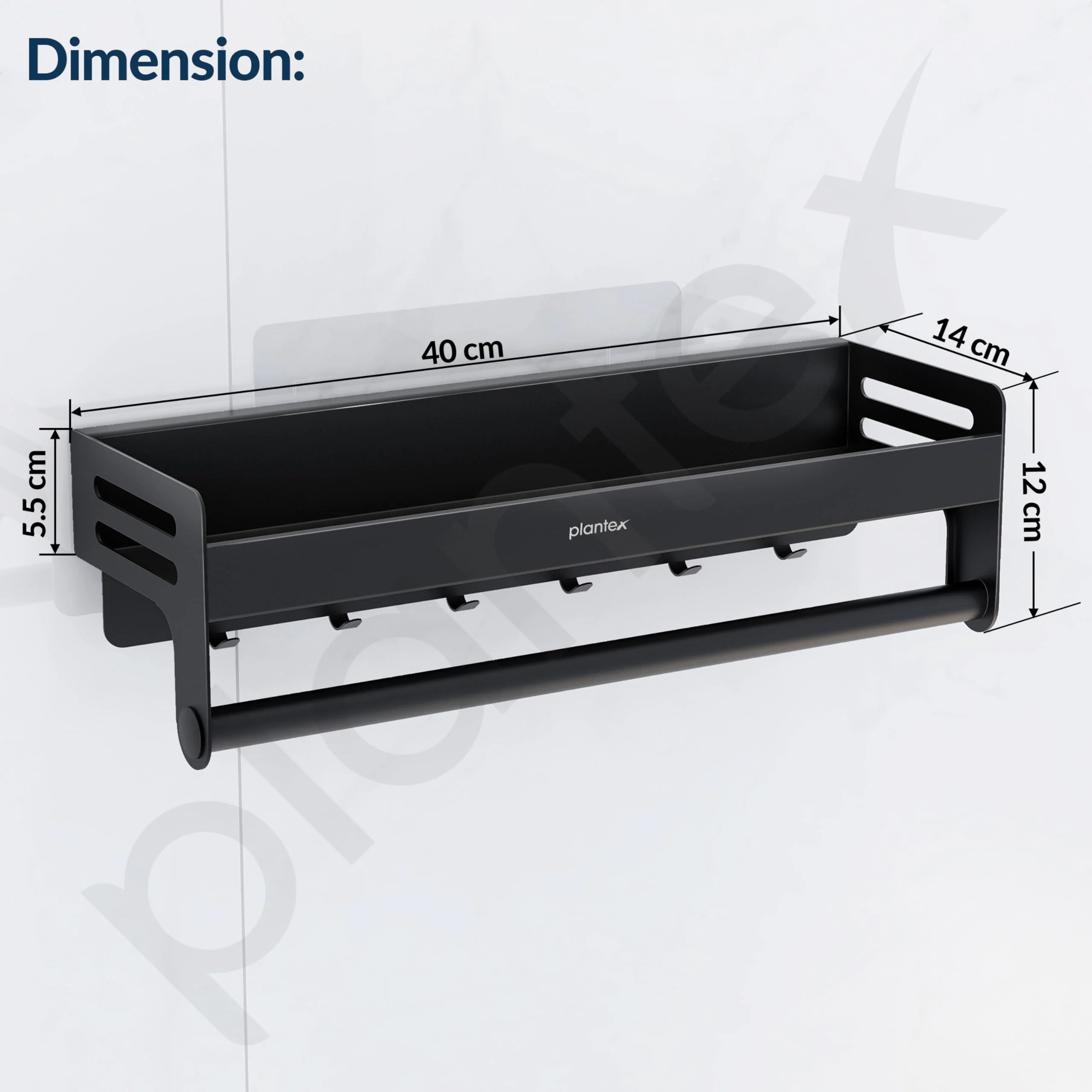 Plantex Aluminium Multipurpose Bathroom Shelf with Towel Rod and Movable Hooks/Rack Shelf for Bathroom/Kitchen Shelf Organizer (Black) - Image 5
