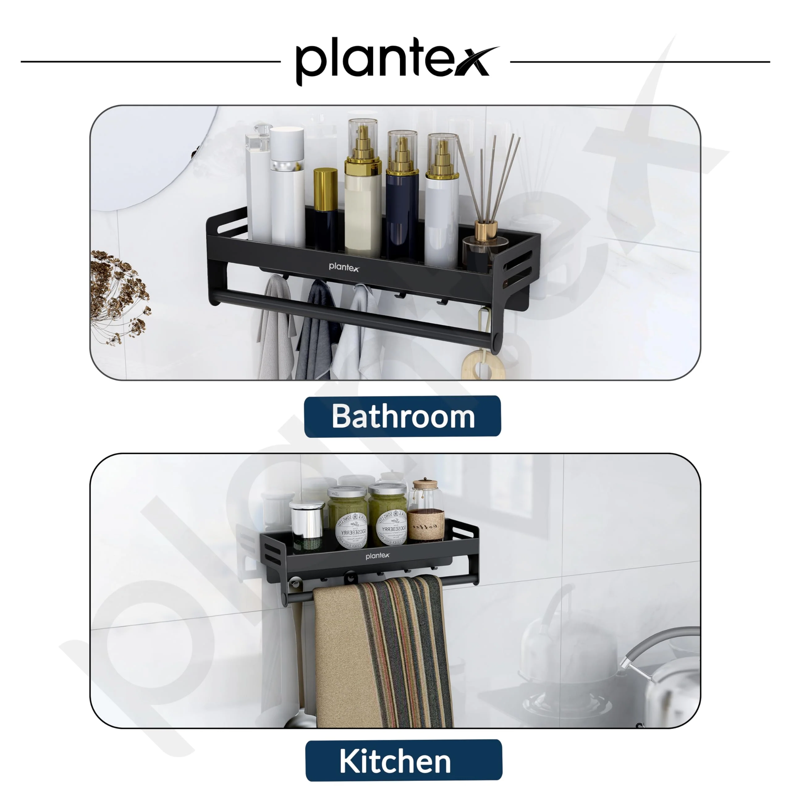 Plantex Aluminium Multipurpose Bathroom Shelf with Towel Rod and Movable Hooks/Rack Shelf for Bathroom/Kitchen Shelf Organizer (Black) - Image 7